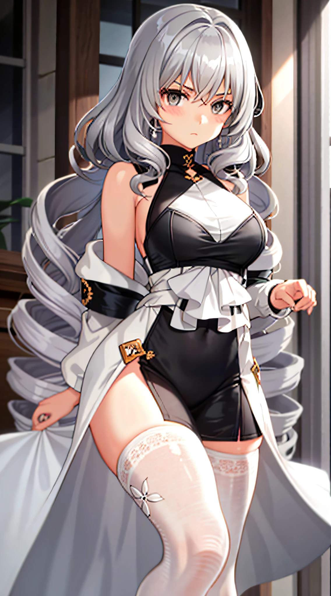 Gray hair，Gray eye，curlies，Serious，18-year-old girl，White tights，flatchest，Poor milk