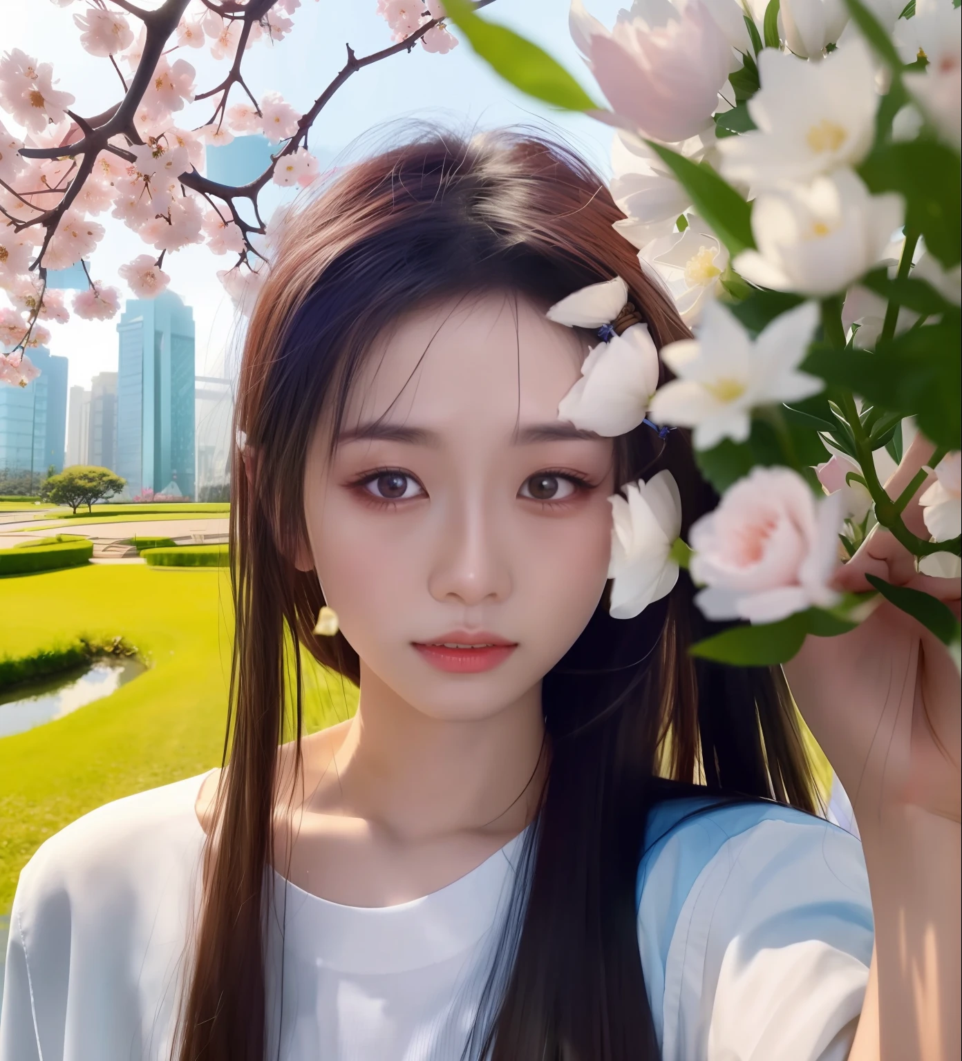 An Arapei woman with long hair and a white shirt holds a cell phone, 8k selfie photograph, Cai Xukun, xintong chen, ulzzangs, with round face, shaxi, zmonzheng, xision wu, Lin Qifeng, yanjun cheng, kanliu666, 19-year-old girl, wenfei ye,Falling petals,Blue skies