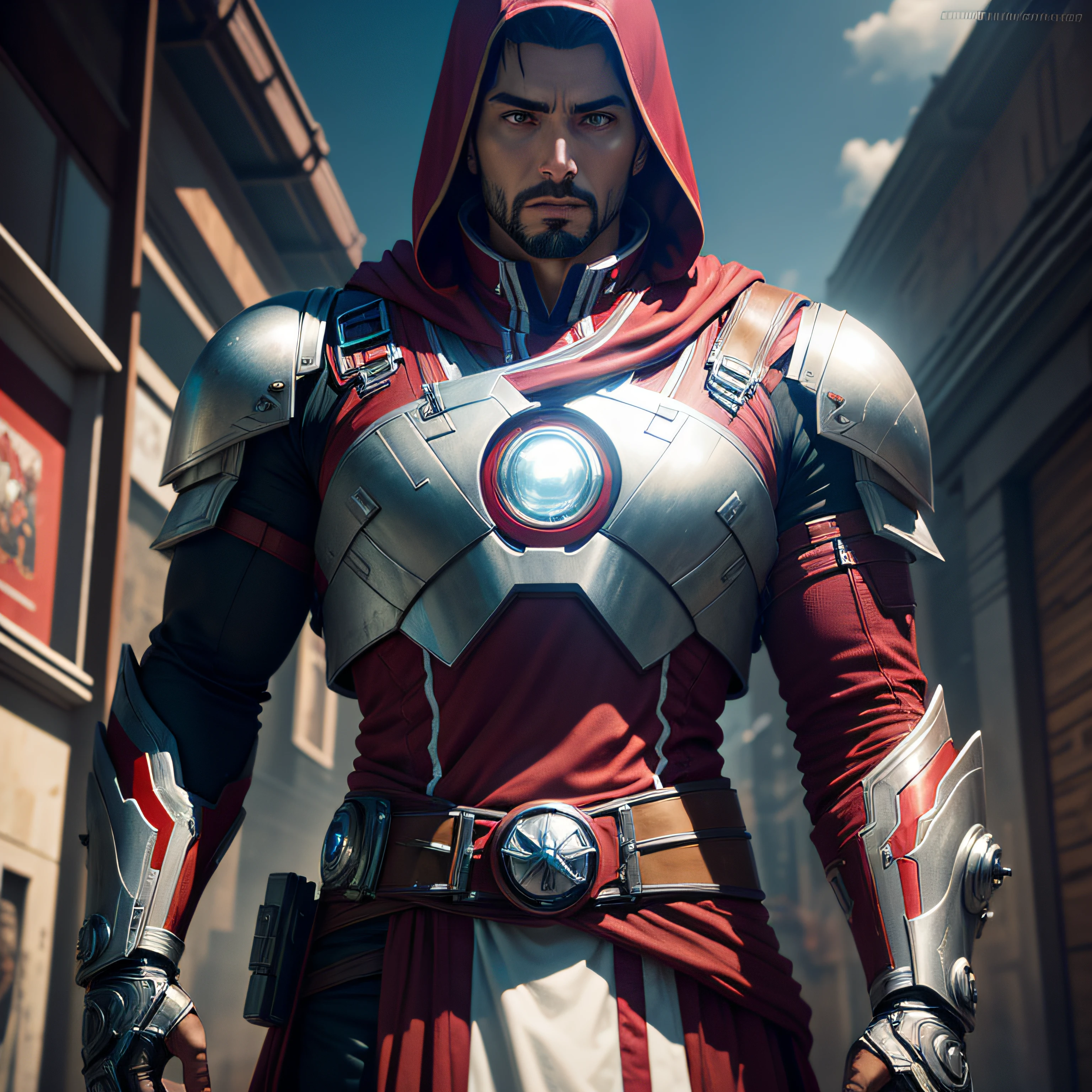 Ezio wears the Iron Man armor,Made of metal,droid,cyber punk style,((Complicated details)),hdr,((Complicated details,ultra - detailed)),Cinema lenses,epic sense,vignet --auto