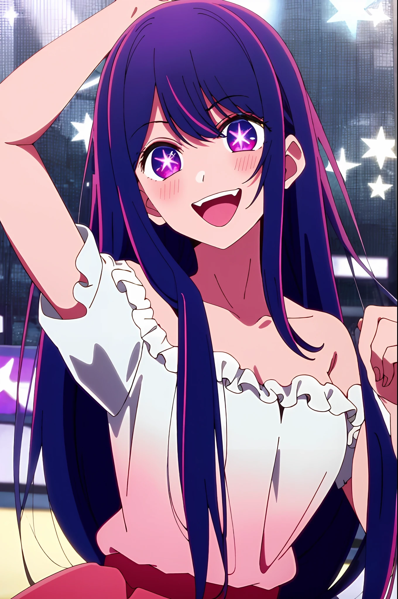 masterpiece、ighly detailed、(1 girl in:1.2)、purple color hair、pink dress、big eye、a closeup、a smile、8K 、Ai Hoshino、Live performance venue