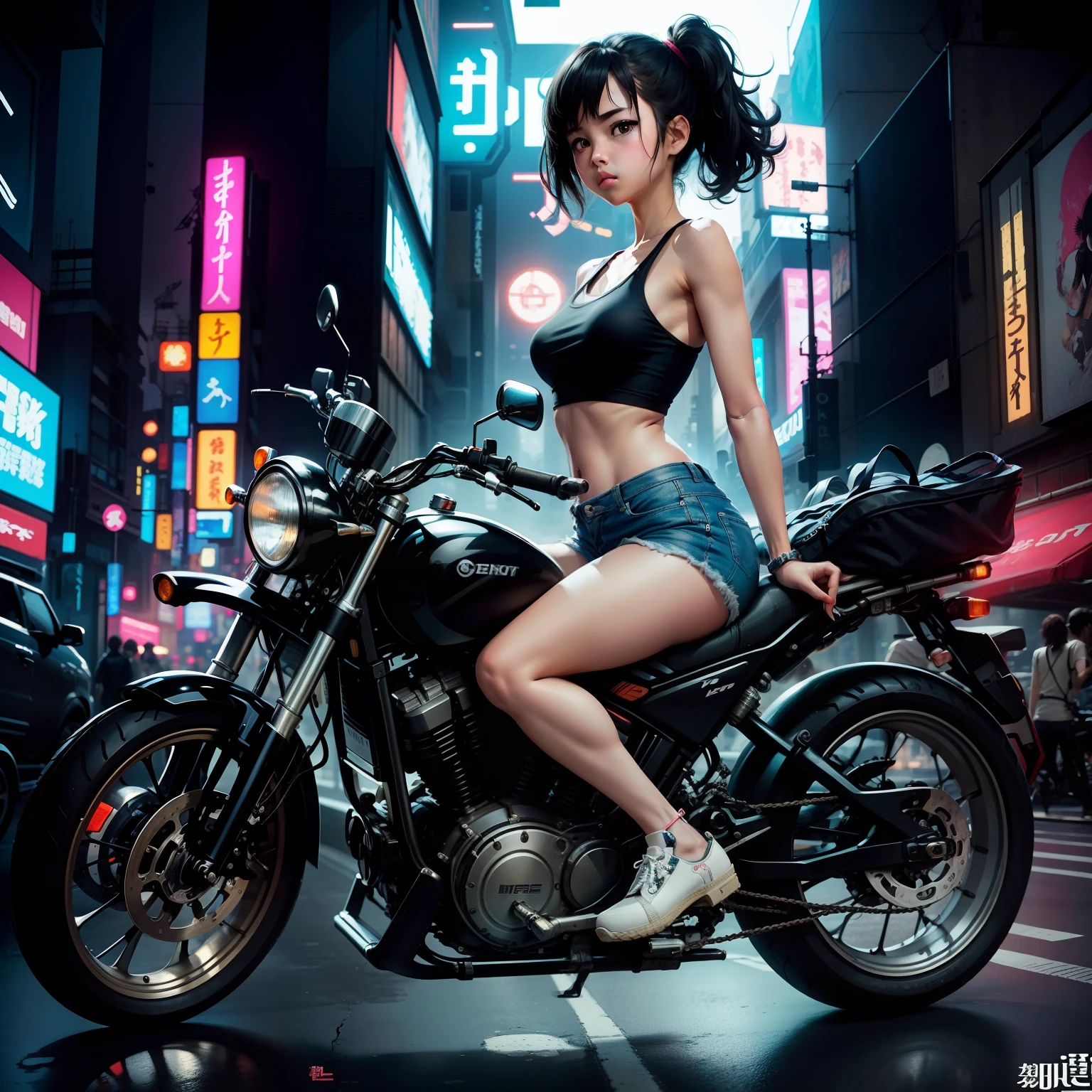 Bikes of the near future、girl with、Long、Tank tops、shortpants、espadrilles、The background is Neo Tokyo、 --auto