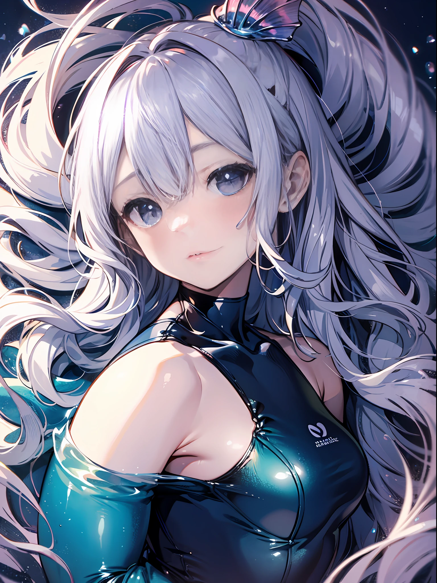 mermaids、high-level image quality、top-quality、Detailed drawing、Does not blush cheeks、Slender beauty、Docile、mermaid、Little Mermaid、Sailorsk swimsuit、Small eyes、Smaller chest、Contrasty