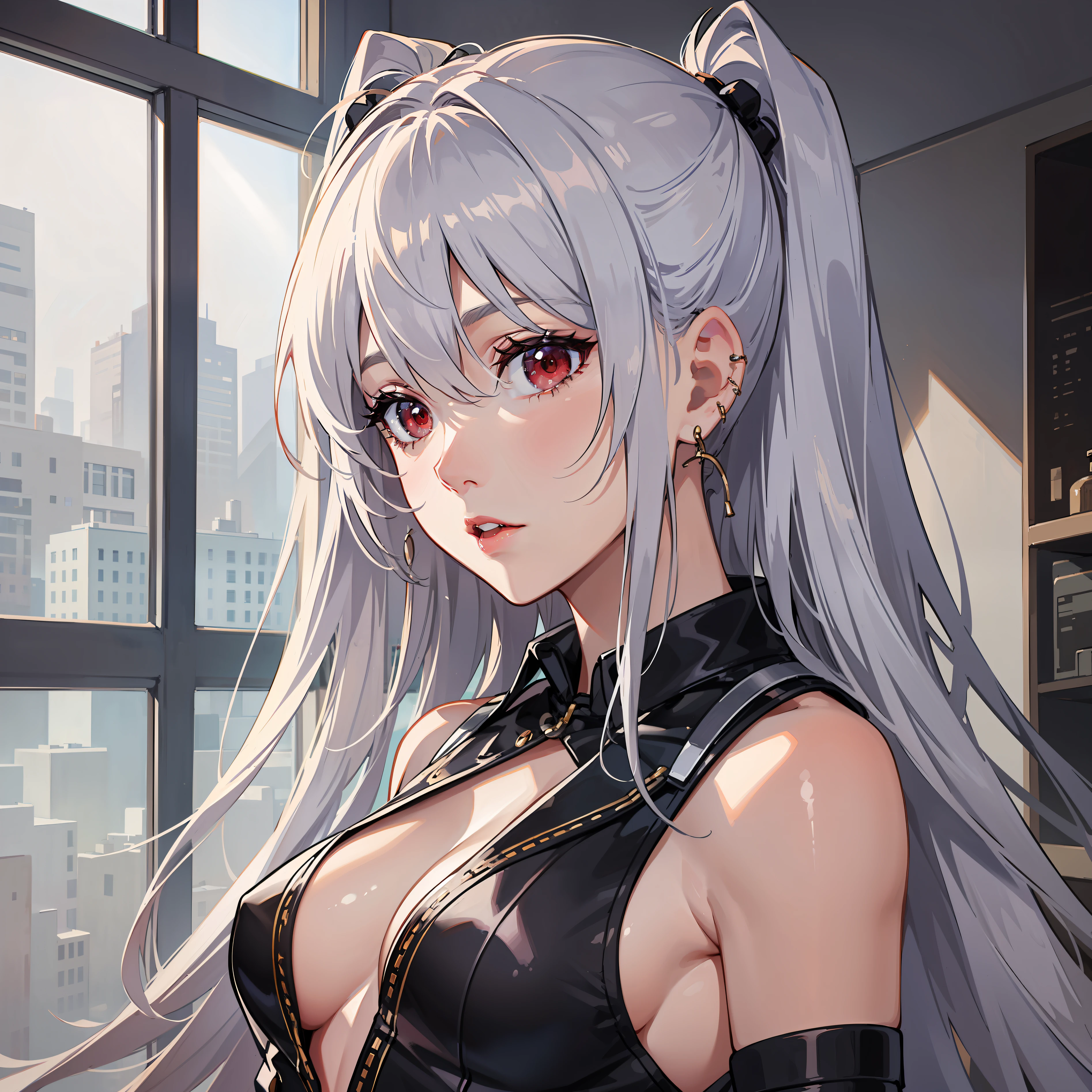 Kizi，（silber hair:1.5），Shiny hairstyle，Messy hairstyle，long whitr hair，耳Nipple Ring，（red - eyed:1.2），collofull eyes，Clear red lips，super detailing，Perfect face，Textured transparent garment，black uniforms，（perfect bodies:2.0），Retina Screen，ultra-realistic realism，style of anime，artistic décor，first person perspective，（in a panoramic view:2.0），hyper HD。