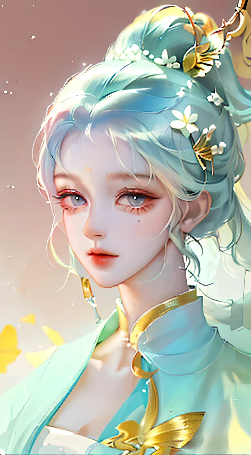 (masterpiece), (best quality), (ultra detailed),(disheed hair),(illustration), (1girl), (Fashionable clothing), standing, Fashion model, looking at viewer, (interview), (simple background), beautiful and delicate eyes, delicate beauty, floating, (high saturation), (colorful splash), colorful bubbles, (shine), focus on face, ponytail, Ayaka Kamisato, light blue hair, bangs, hair circle, floating flowers, flowing hair, (shiny), best lighting, best shadow, full body, vista
