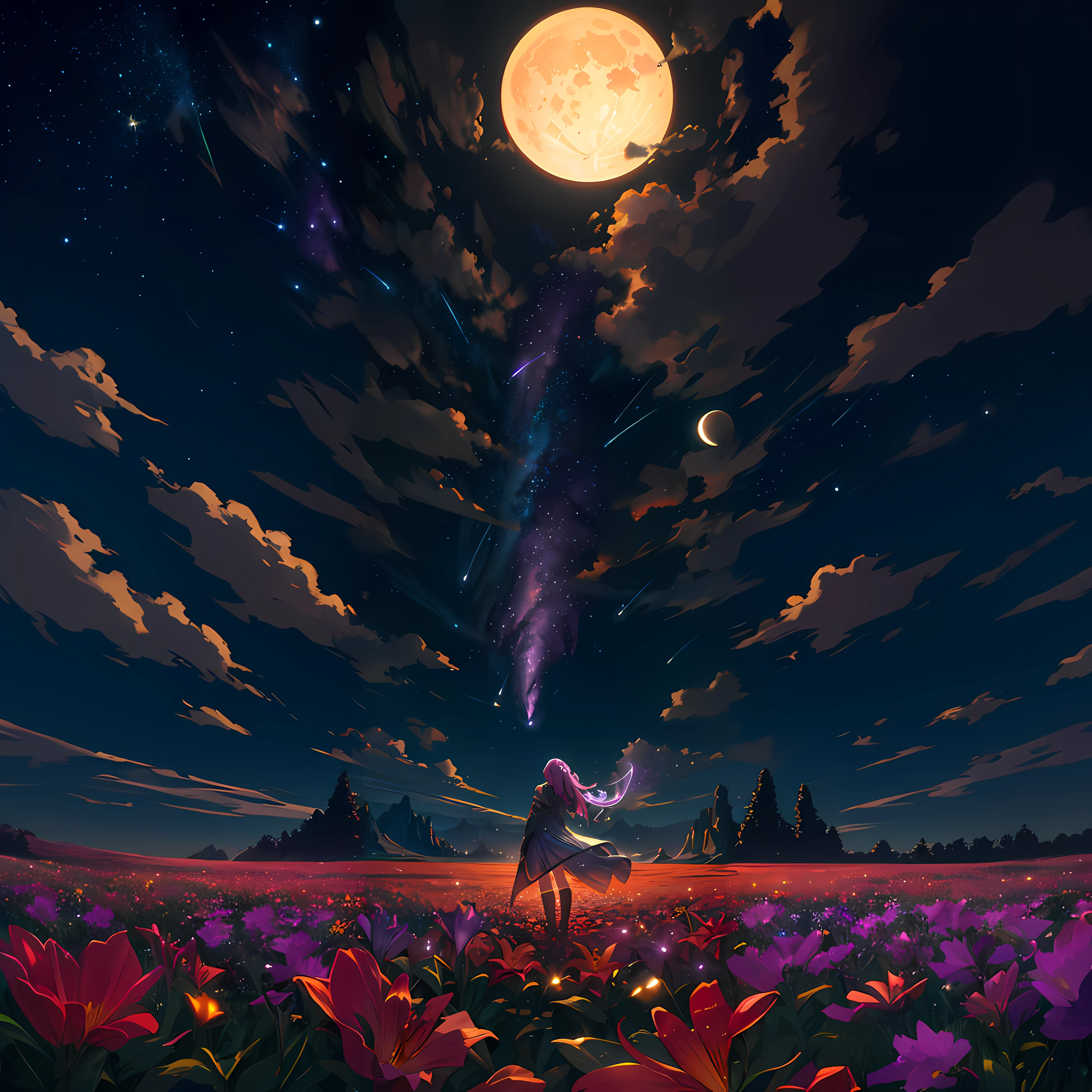 anime girl in a field of flowers with a full moon in the background, cosmic skies. by makoto shinkai, space sky, calm night. digital illustration, night sky; 8k, starry sky 8 k, galaxy in the sky, starry sky, cosmic sky, endless cosmos in the background, anime art wallpaper 8 k, stellar sky, near a galaxy
