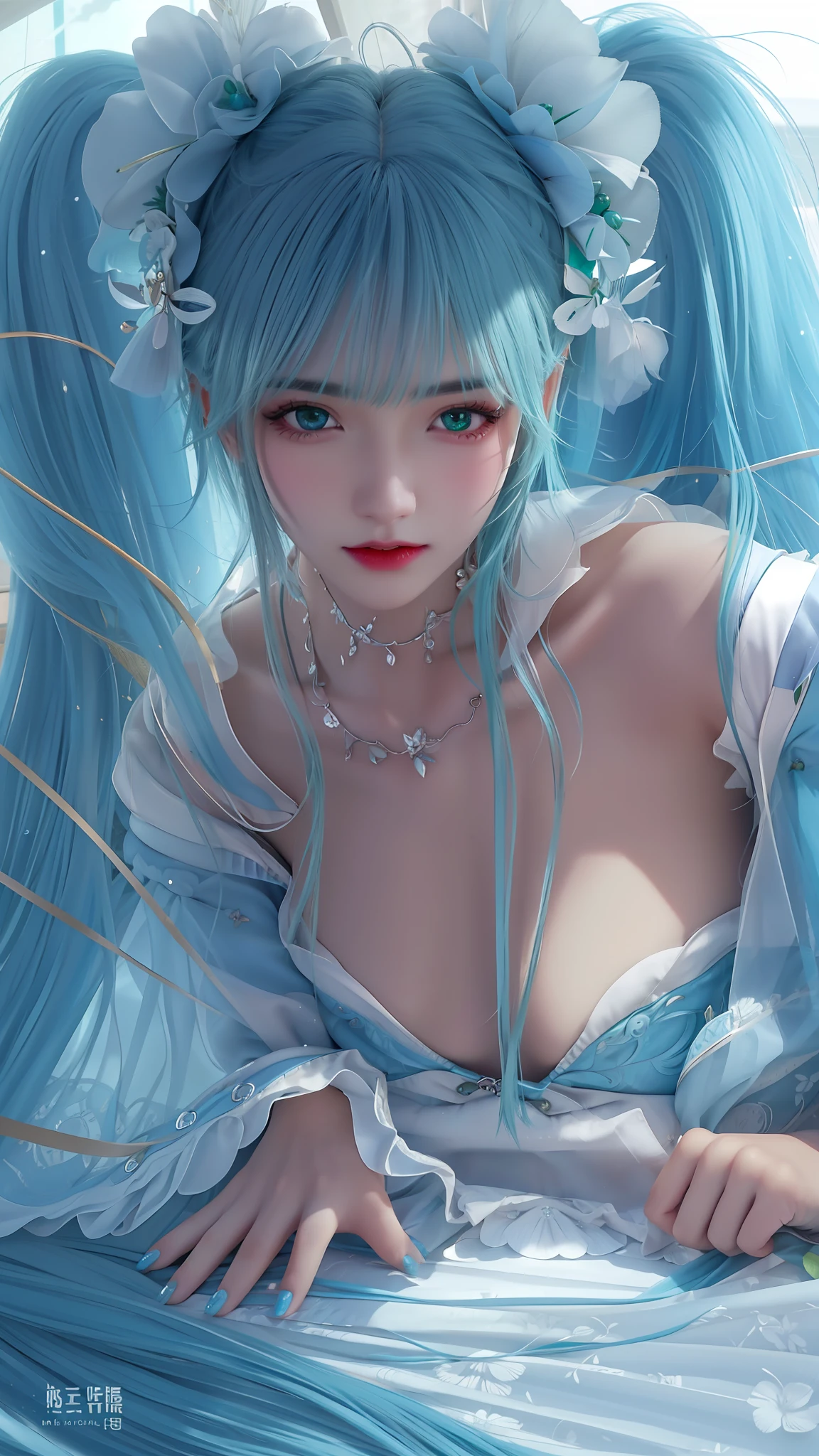 blue hair,greene eyes,green-eyed,Royal Sister,Redlip,Ruddy mouth,Aggrieved eyes,Pink clothes,Calm expression,The mouth is slightly open,offcial art,Unity 8k壁纸,ultra - detailed,Aesthetics,tmasterpiece,best qualtiy,realisticlying