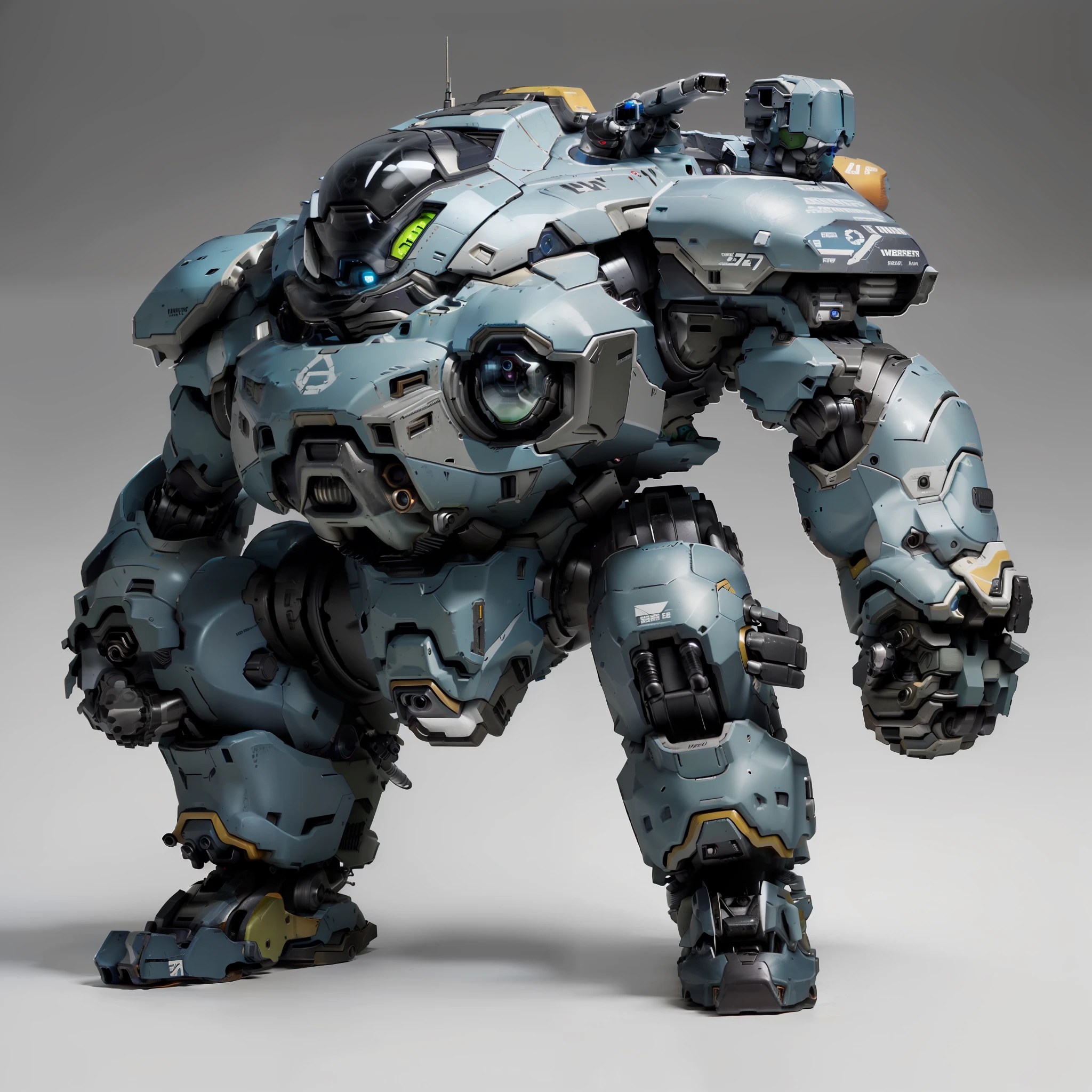 Jj, robot, Mecha, Science fiction, hyper HD,(Best quality:1.2, Masterpiece),arma, Overwatch, monochrome,No Man, radio antenna, Solo, Gun, standing, cannon, redesign, Military, arm cannon, greybackground, (Simple background:1.1), Gradient background,