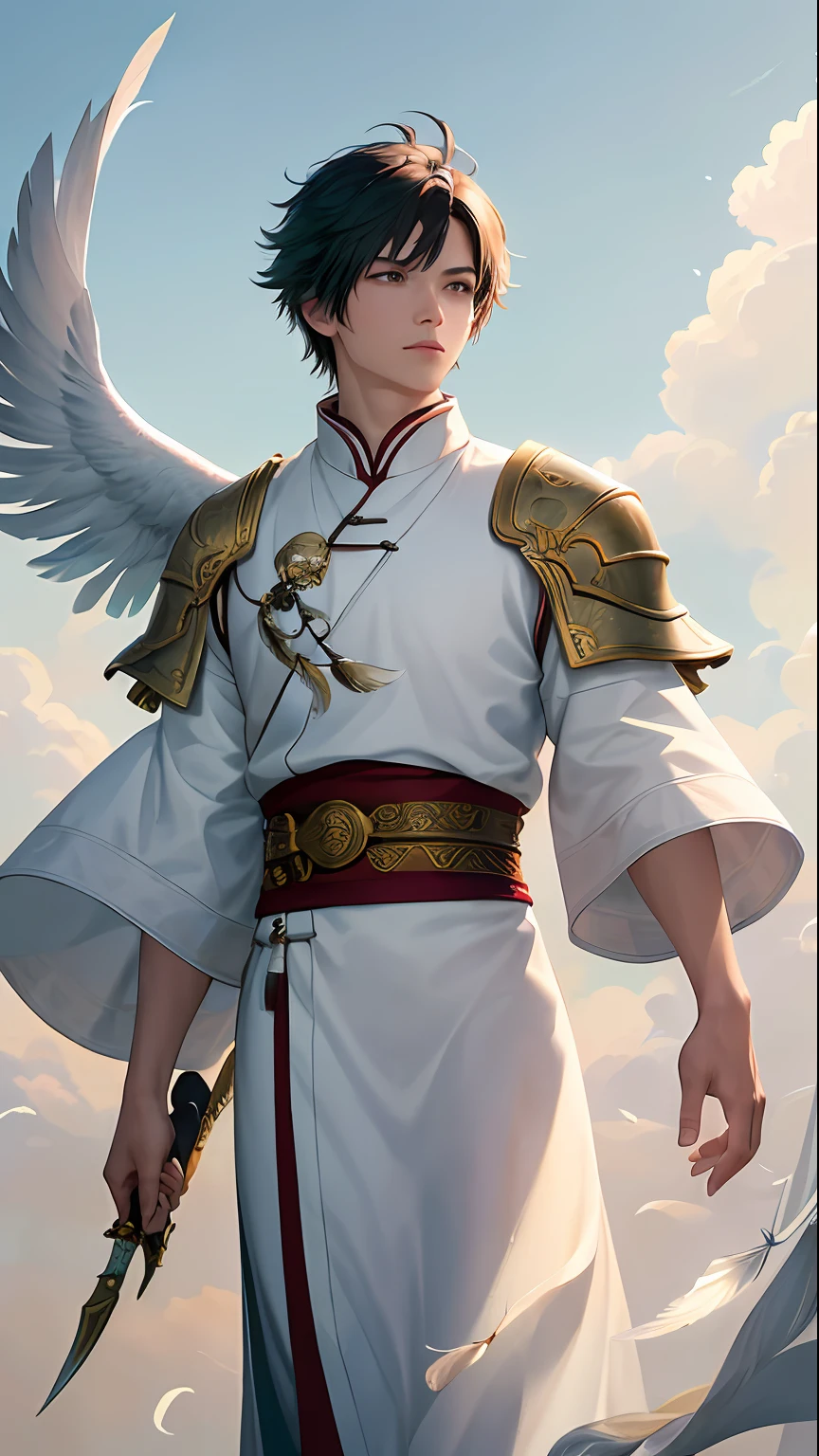1boy, (8k, best picture quality, masterpiece: 1.4), final fantasy, (fantasy), (lighting), solo, white chinese chat, chinese clothes, (handle Feather Fan), feather, white cloth, cloud, eagle, wings