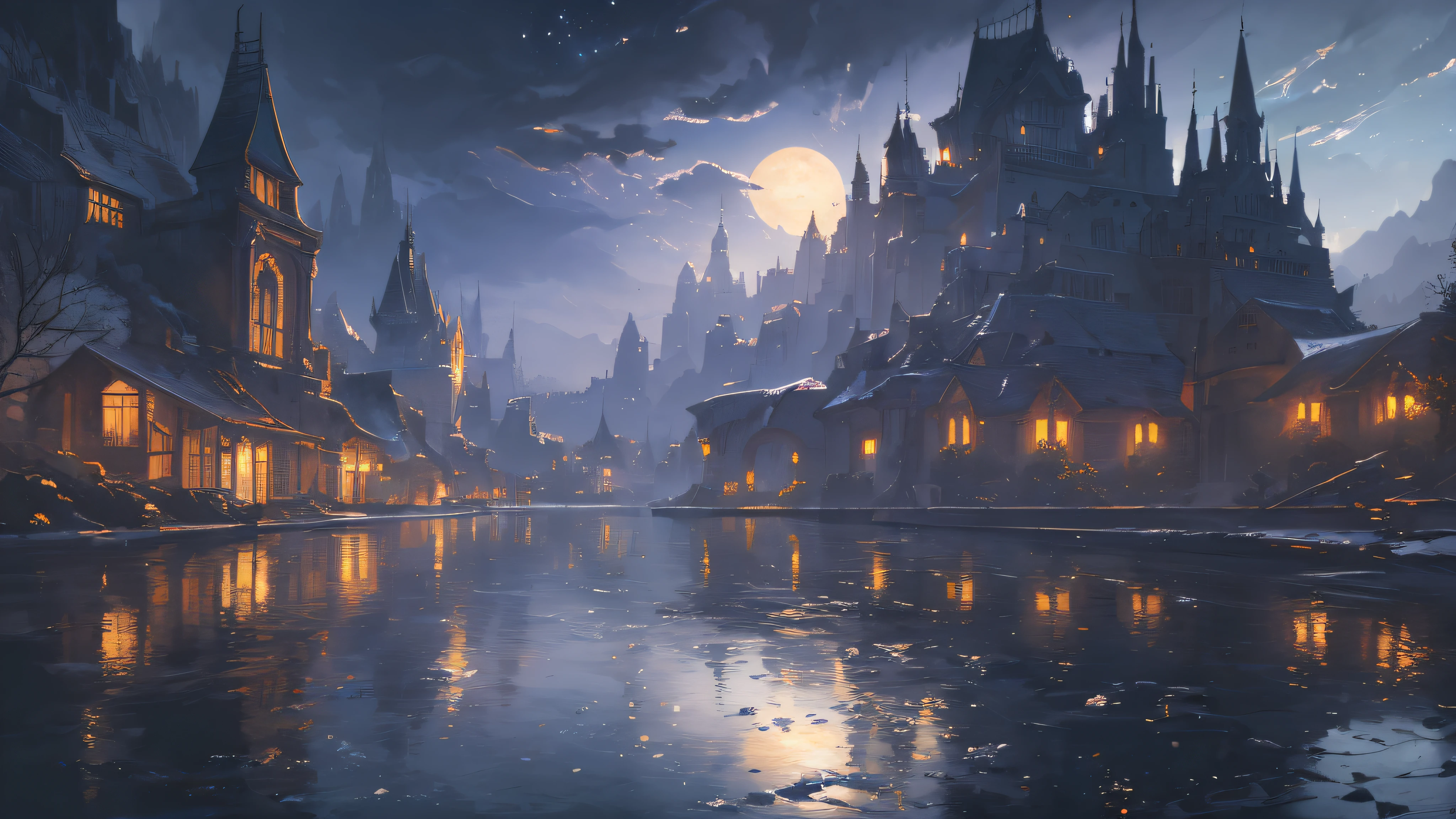 a painting of a river with a full moon in the background, digital art inspired by Andreas Rocha, pixiv contest winner, fantasy art, magical landscape, magical environment, beautiful anime scenery, detailed dreamscape, beautiful anime scene, night scenery, magical dream-like atmosphere, moonlit starry sky environment, anime landscape wallpaper, anime background art, painting of a dreamscape, Surrealism, high detail, from below, from below, Hyperrealism, Impressionism, anime, UHD, award winning, 4K, anatomically correct, super detail, best quality, highres, high quality, masterpiece
