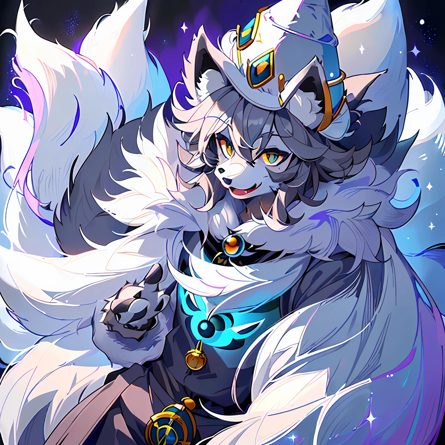 (Best Picture Quality), (tmasterpiece), ((solo person)),(ultra - detailed), (hairy pubic), furry,(Male Arctic fox:1.5), (gray colored skin:1.3), (Fluffy tail:1.2), Character focus,(Purple eye), (The paws of an arctic fox), (grey ears),tack sharp focus,(The furry feeling of animal ears),((is wearing casock)),((Wearing a magic hat)),teeth showing,Swords