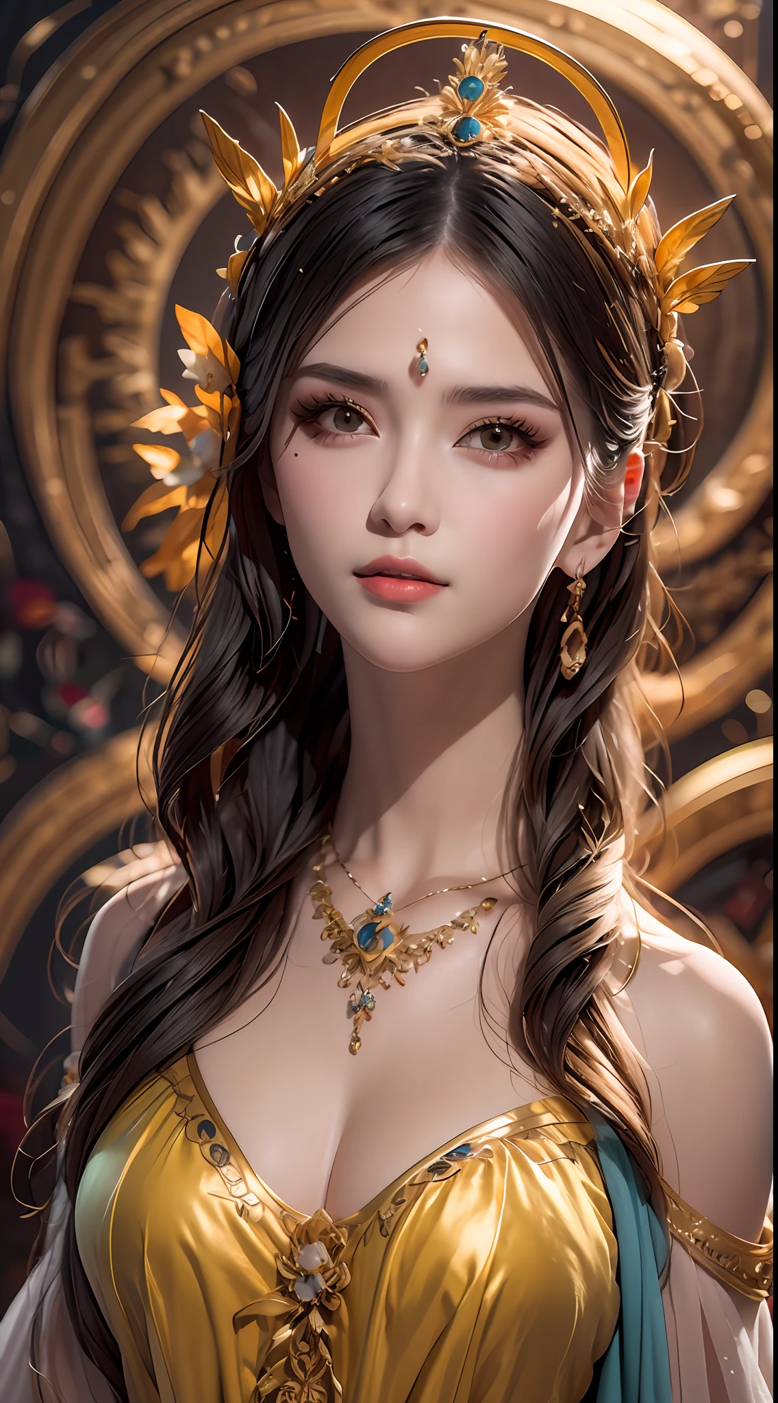 1 20 year old girl, 1 goddess Athena, colorful silk dress, beautiful goddess Athena face without blemishes, thin colorful nightgown, long thin female nightgown with many sexy black lace details, saint legend, saint icon, beautiful goddess style elegant glitter, dark and mysterious version, holy woman crown, vermilion lips, thin and beautiful lips, detailed and beautiful, karol character, no smile intricate, detailed background, extremely detailed, light magic, (pure and spotless face: 1.9), holy woman's body, round breasts, big and round breasts, phoenix brooch, long flat bangs, (7-color rainbow-colored hair: 1.9), clear beautiful face and well-proportioned eyes, (transparent yellow eyes: 1.8), (big round eyes and meticulous make-up, very beautiful and hidden makeup, long blonde hair, hidden makeup, beautiful and meticulous sleeping ring, pale, upper body, (sanctus upper bodies): 1.8), drooping arms, Realistic and vivid images, (stars that make up the sky: 1.7), (sky of heaven and fictional gates of time and space: 1.8), fictional art, RAW photos, hanfu photos, best photos, high resolution, best quality, best photos, surreal portraits, surreal female images, 8k quality , single female saint portrait, most realistic color scheme, best photo color, masterpiece, hair decoration, necklace, jewelry, pretty face, upper body, brand tyndall effect, real photo, dark studio, rim light, two-tone light, (rose white skin: 1.4), (high skin detail: 1.1), 8k uhd, dslr, high resolution, soft light, high quality, high quality h, Smooth and sharp, 10x pixelated, sexy goddess, sexy goddess, (background space: 1.8), (galaxy: 1.7) ), aurora, lightning, (Aurora Background: 1.8), most beautiful eyes, picture perfect eyes, beautiful saint and flowers, athena alone,