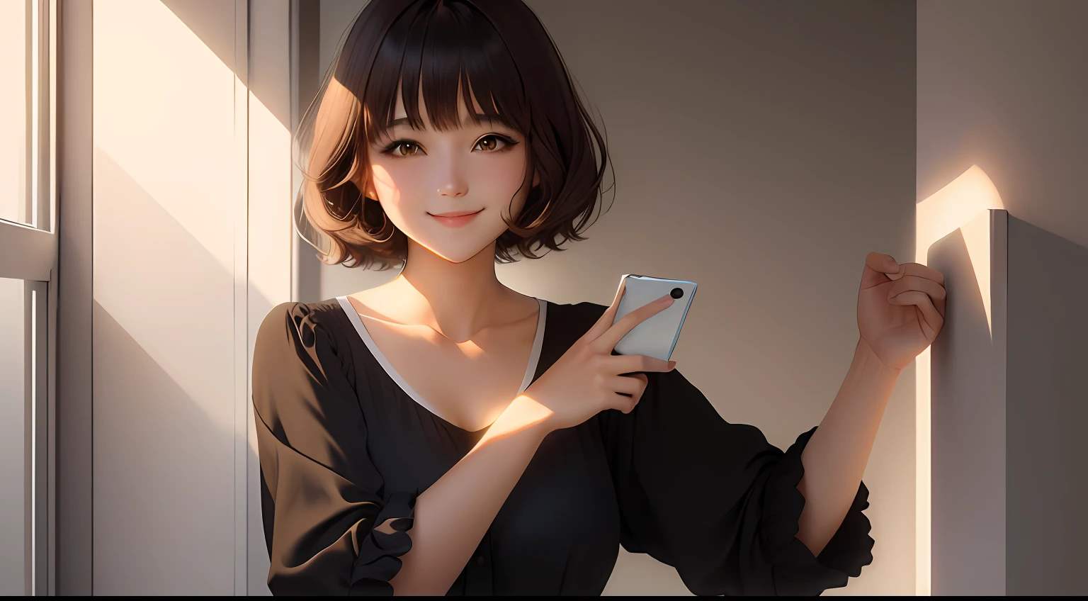 "style of anime,Soft light and shadow,Girl in a smiling state,Short fluffy hair,Natural bangs,Brown hair color,in blouse wearing,Black hair color。"