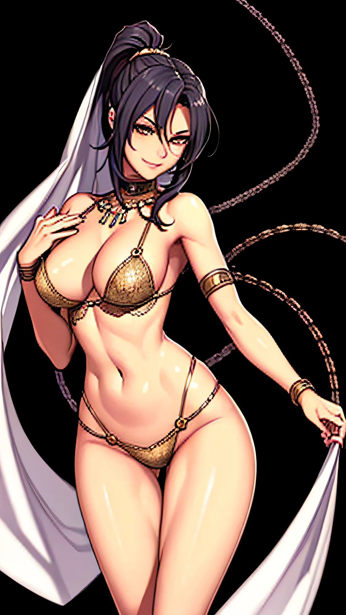 Best quality, Ultra detailed,seductive smile，masterpiece,best quality，1girl,long hair,black_hair,high ponytail,ponytail,brown eyes,medium breasts,veil，sandals,glint,halterneck,gold_choker, belly_chain,harem_outfit,navel, necklace, pelvic_curtain,revealing_clothes, veil，outline, stare, Smile, (Evil:1.2), view the viewer, (interview:1.3), (Dark background, Chains:1.3)