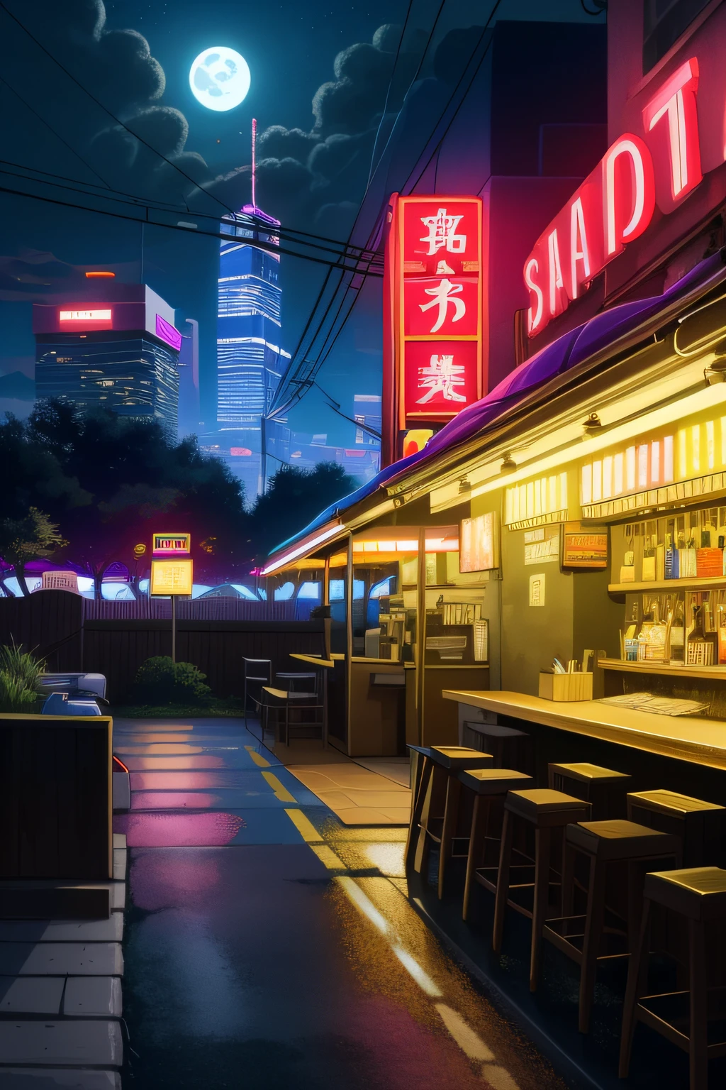 best quality, high resolution, distinct image, oil painting (medium), highly detailed, dmt,
Nightlife, Night city, Cyberpunk city, futuristic cityscape. Neon lights, (skyscraper:1.1), neon lights, neon trim ,cloth sign, ramen stall, night club. bright city lights, exotic car. alcohol, bar, ramen, soup stall ,alcohol bottles, ((Power lines, utility pole)), (stars in sky, moon, clouds