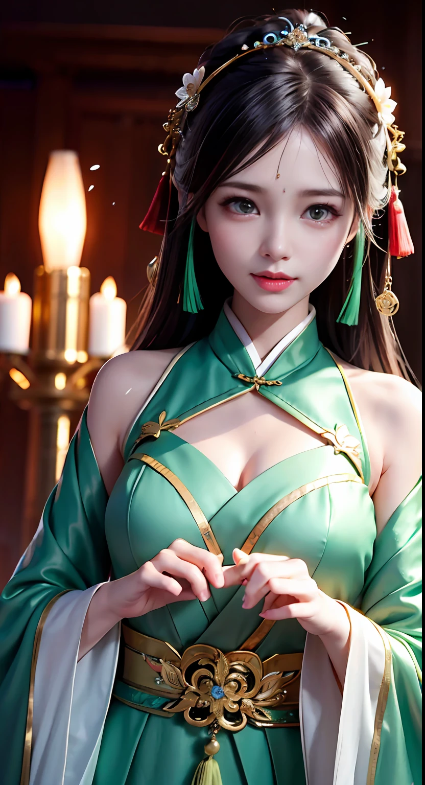 a character portrait,Chinese Ancient Times,Oriental women,,Tang Feng,Double happiness background,Matrimonial room,bridal chamber,Costume bride,Green wedding dress,Green Hanfu,Phoenix Guanxia,Hair coiled,Hair full of pearls,There are flowers between the eyebrows,Red candles,Candlelight illuminates the room,Best quality at best,Original,Very detailed masterpiece,Very detailed CG,Refined face,The hair is fine,Beautiful,atmospurate,Wide robe with large sleeves,Divinity,tmasterpiece,delicated face,ssmile,4k画质,teens girl,Hanfu,Black hair,hair-bun,hair adornments,jewelry,The face is delicate,Green clothes,Gold pattern,Phoenix Guanxia,Green wedding dress,newlywed,jubilation,Fine fine skin,Soft light effects,Delicate and smooth hair,exquisite detailing,Eye highlights,Fair skin,Fine portrayal,Ultimate detail,Cinematic quality,Charming,being thin,adolable,slenderness,clever,is shy,Black eyes,inside in room,waxy candles,luz de velas,𝓡𝓸𝓶𝓪𝓷𝓽𝓲𝓬,Warm,(weeping:1.5),((((crying)))), (((tears))), tsurime, makeup, sad, depressed, sulking, sobbing, lonely, disappointed, crying, tearing up, tears, tears, tears, tears, Surrealism, ray tracing, UHD, high details, super detail, highres, 8k, high quality, high details, textured skin, ccurate, anatomically correct, best quality, highres, high quality, textured skin, high details, anatomically correct, super detail, anatomically correct, anatomically correct