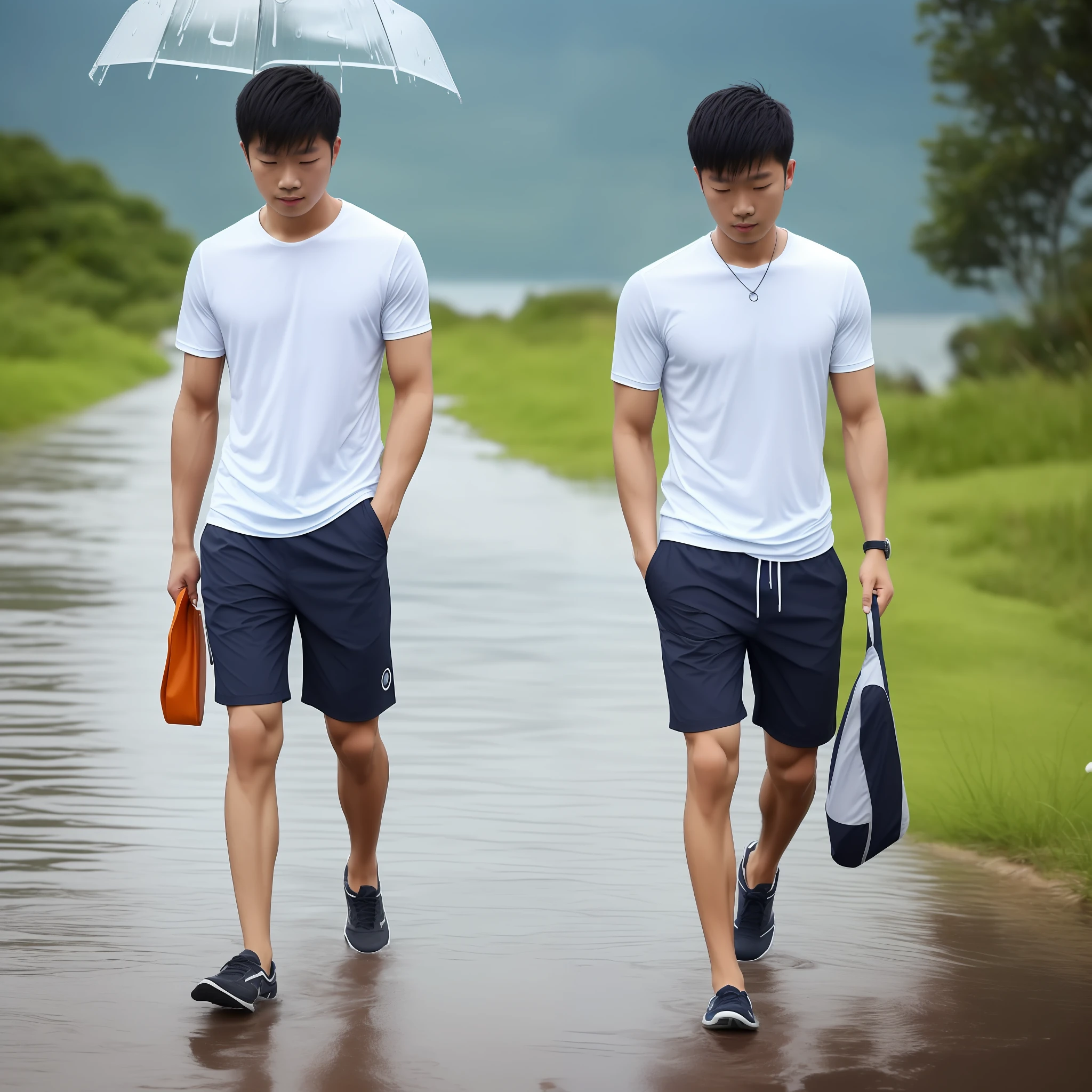 Today is this rainy day,I saw a handsome guy on the road,The boy in these shorts walks on the sea --auto