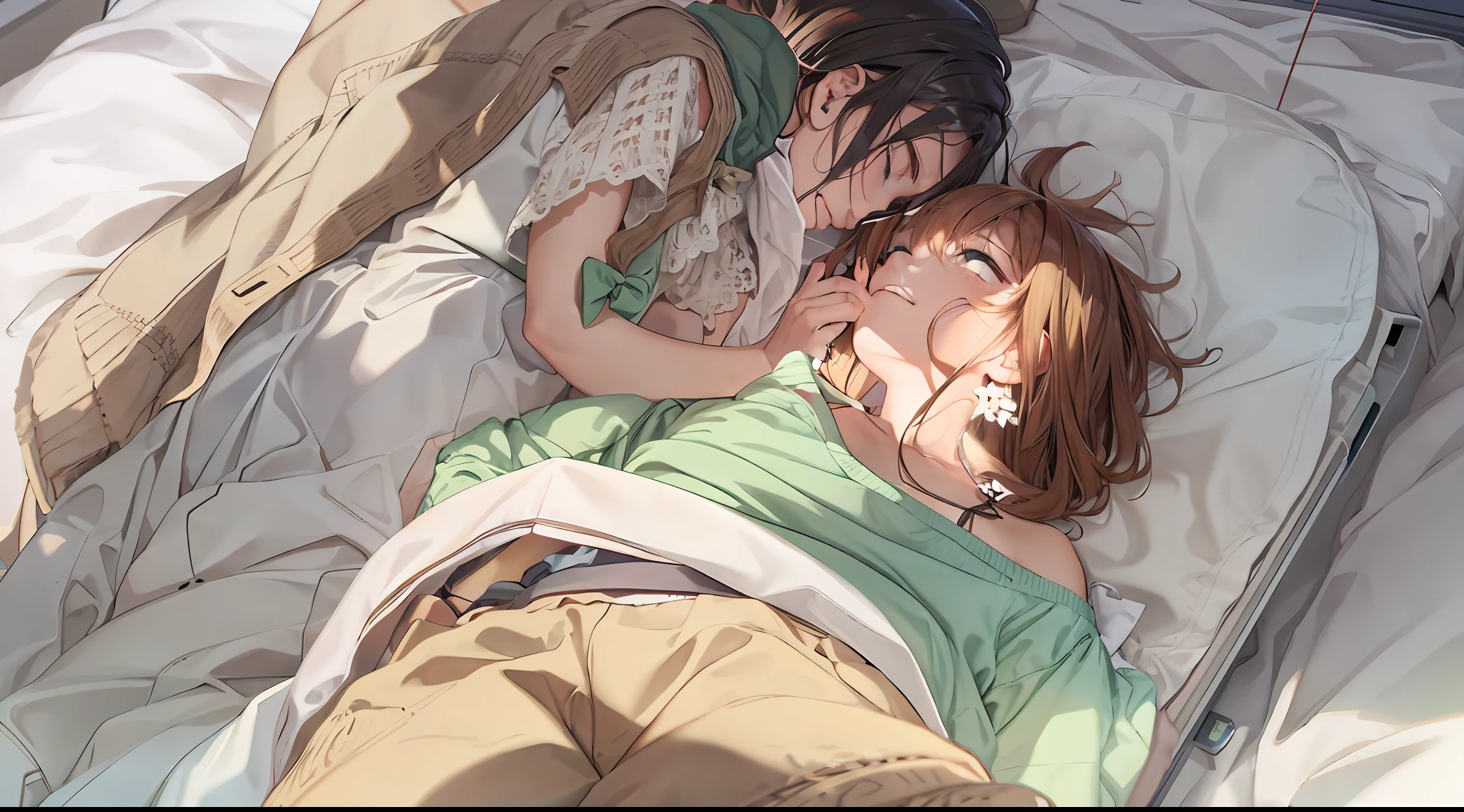 in hospital，Detailed digital anime art,Brown-haired boy，sideface，clear green eyes，long eyelasher，rays of sunshine，He lay unconscious on his back on his hospital bed，Hanging needles on his hands，A delicate and beautiful girl stayed by his bedside for days and nights without sleep，with a tired look。