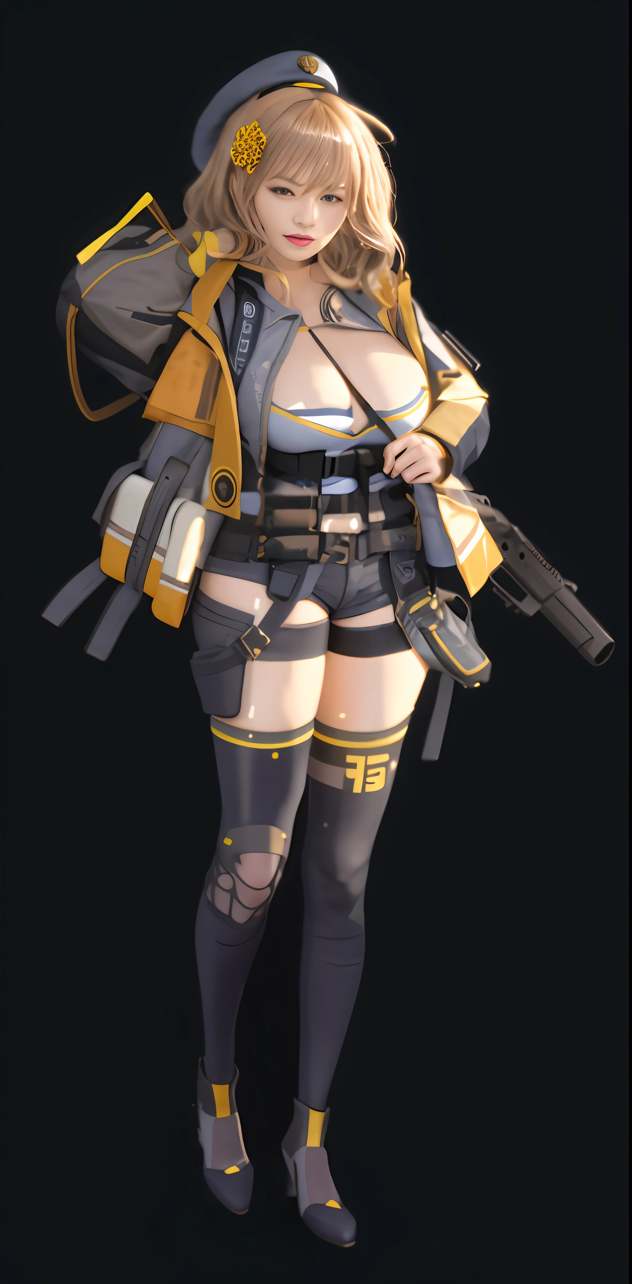 A hyper-realistic、ultra-detailliert、top-quality、hight resolution、goddess of Japan、Hat and yellow hair ornament、Woman in military uniform with gun and backpack, K-Cup Big、Fine details、Wear fingerless gloves on your right hand、Touching the shoulder belt under the chin、Equipped with a supporter on the right knee