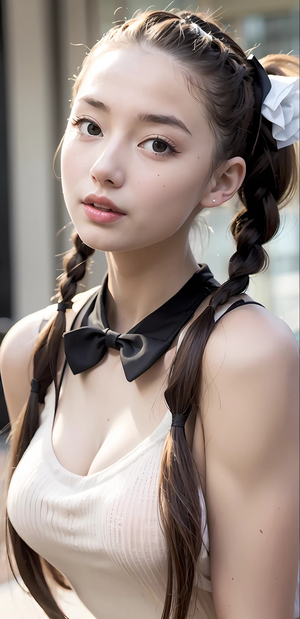 A close-up of a woman with a very large chest, , Sehr realistisch, with black pigtails, blonde hair with braids, Girl with pigtails, young and cute girl, Hair in braids, She has two ponytails, pigtails