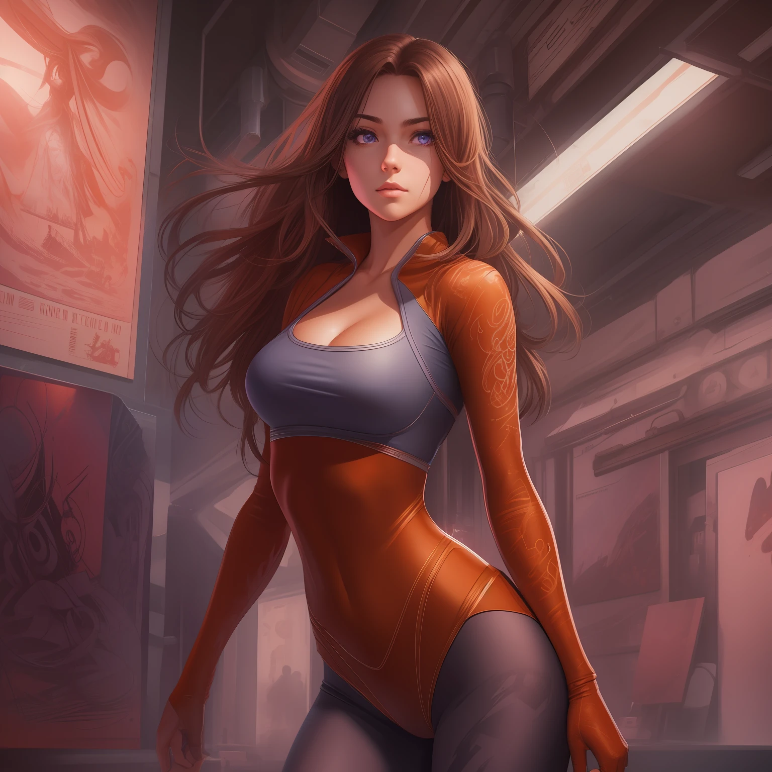 1 girl, 24 year old girl, body portrait, pretty face, charming expression, big purple eyes, long brown hair, tight-fitting red leotard, thick legs, dynamic pose, highly detailed, grunge, contour light, ink, calligraphy, acrylic, digital illustration, comic style, stunning background, perfect anatomy, centered, approaching perfection, dynamic, highly detailed, station art, concept art, soft, sharp focus, illustration, global illumination