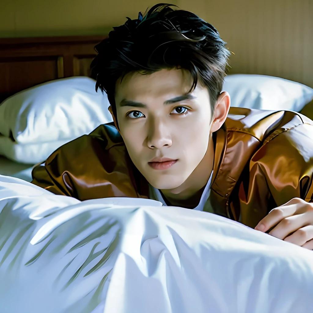 best qualtiy，（realisticlying：1.4）， tmasterpiece， Kodak Portra 400， white bed sheet，Lie flat on the bed,（Face focus：1.3），1boys ，white skinned，Show muscles， posing on a， looking at viewert ， sface focus