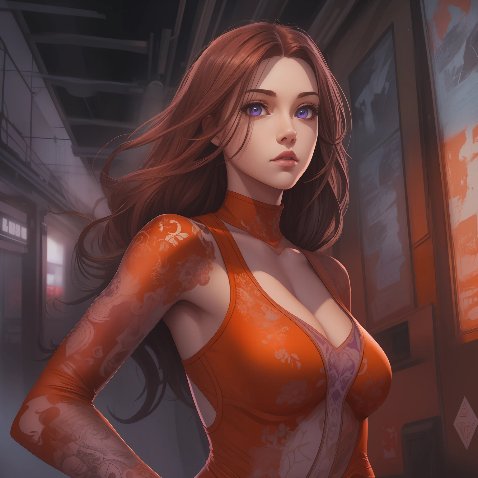 1 girl, 24 year old girl, body portrait, pretty face, charming expression, big purple eyes, long brown hair, tight-fitting red leotard, thick legs, dynamic pose, highly detailed, grunge, contour light, ink, calligraphy, acrylic, digital illustration, comic style, stunning background, perfect anatomy, centered, approaching perfection, dynamic, highly detailed, station art, concept art, soft, sharp focus, illustration, global illumination