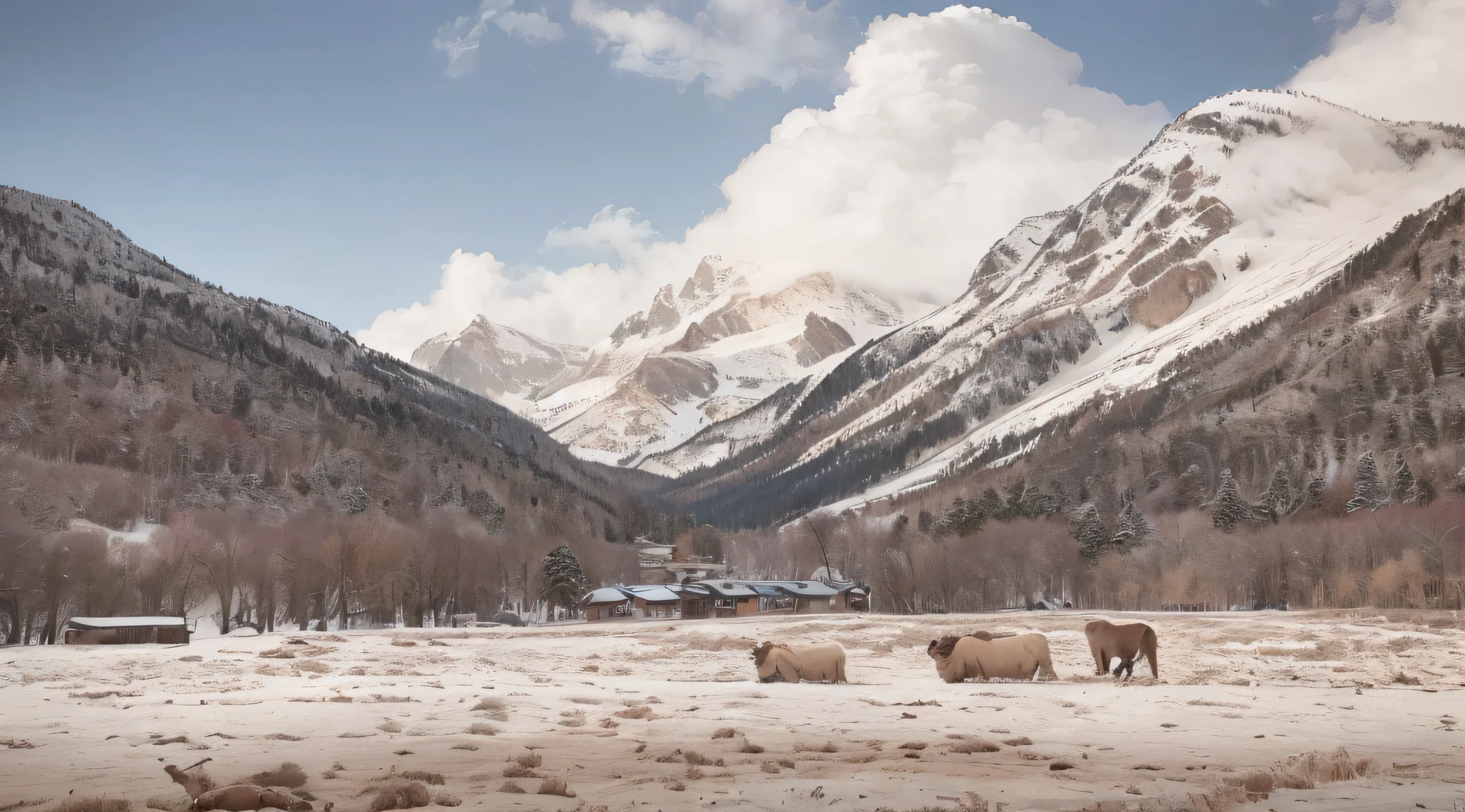 Authentic landscape image：1.2，Towering snow-capped mountains，Nearby cattle and sheep graze，The sun lifts the clouds and shines on the snow-capped peaks，Perspective drawing，tmasterpiece：1.1，exquisite detailing：1.3。 --auto