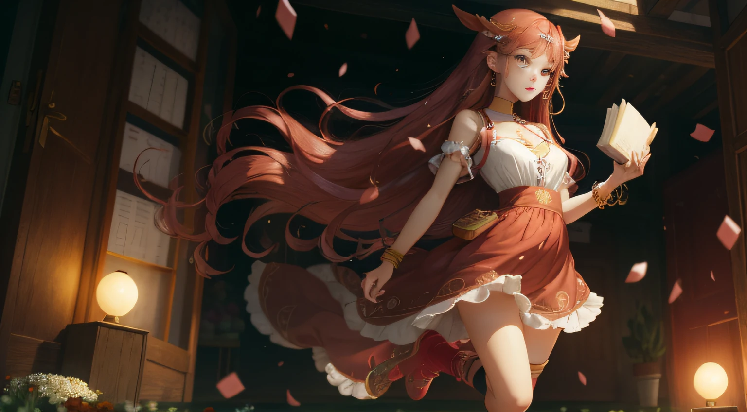 female student、holding books、standing on your feet、Long light red hair、Small and beautiful、with fair and smooth skin、Slender eyebrows、Small nose、The eyes are deep and bright、Lips are rosy and plump 、The costume is simple、vibrancy、Bright colors、cozily、耳Nipple Ring、Bracelet、hair adornments、head gear、Wrist watch、Playful、Girly、stocklings、fresh flowers、Falling debris、Full body like、dignified、中景 the scene is --auto