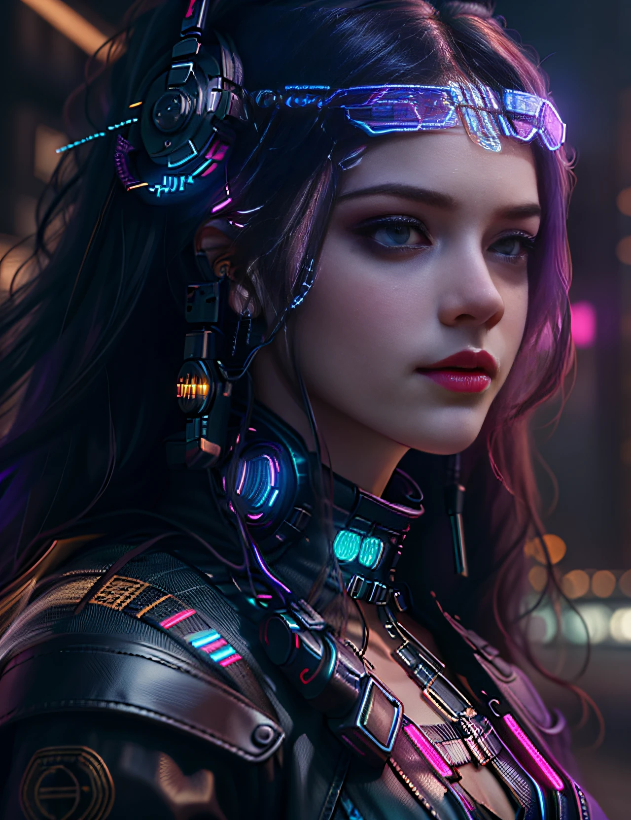 high quality portrait photograph close up of a woman with a headpiece and a leather jacket, dreamy cyberpunk girl, 4k highly detailed photorealistic, the cyberpunk girl portrait, beautiful cyberpunk girl face, high quality facial details, very pretty face, iridescent makeup, detailed matte fantasy portrait, cyberpunk beautiful girl, portrait beautiful sci - fi girl, 8k high quality detailed art, rgb led, rave lighting, erotic, sexy, sensual