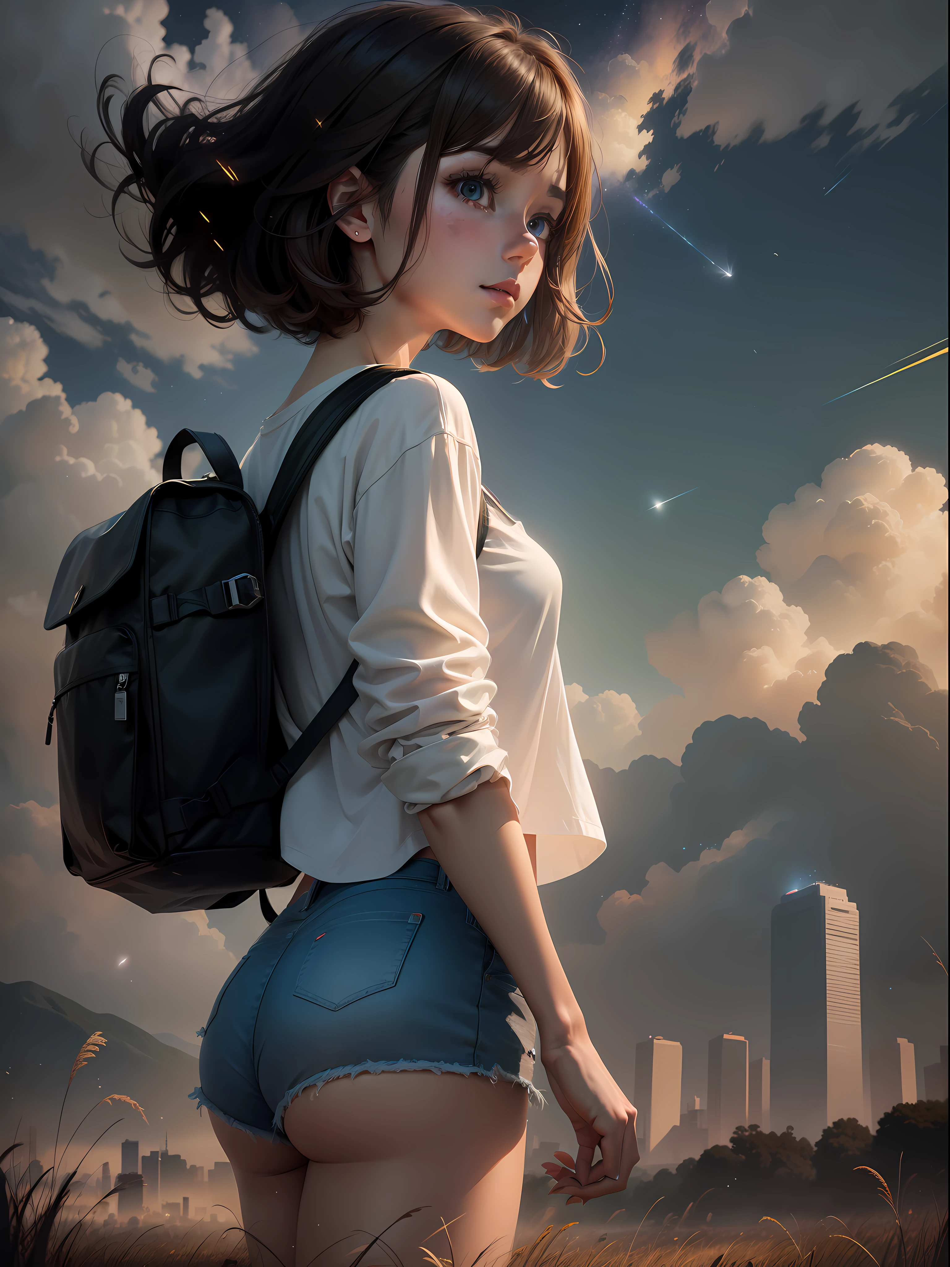 (beautiful and magnificent skyline, majestic sky), (extremely tense and dramatic pictures, moving visual effects), (high hanging Polaris, colorful natural light), (1girl), (long-sleeved top, denim shorts, carrying a backpack), (dynamic pose:1.3, black eyes, black hime-cut hair, sparkling girl)[:0.8], (large grassland), (oncoming breeze), (brown hair and background Coordination effect: 1.2), (close shot, long shot mix and match)[::0.9]