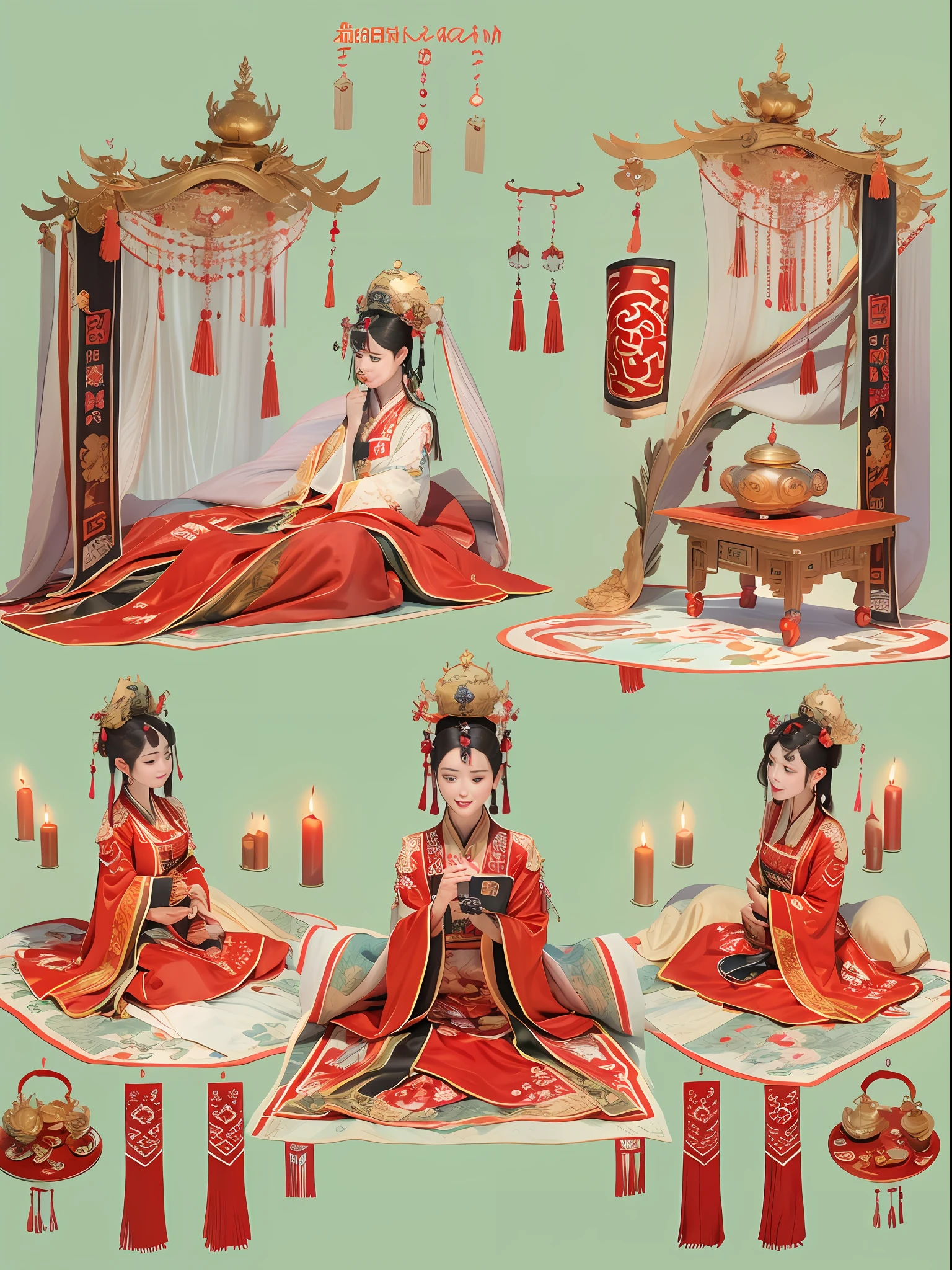 Best quality: 1.1), (Realistic: 1.1), (Photography: 1.1), (highly details: 1.1), A man wears a red and gold dress，Woman with a crown on her head, A hair stick, (sitting on red bed), Blushing, Shy, black_Hair, crown, Looking down, (2 red candles), Chinese_clothes, Curtains, Earrings, Hair_decorations, Hanfu, interiors, jewelry, Long_Sleeves, Red dress, Redlip, nipple tassels, (Red quilt), (red palace: 1.2),