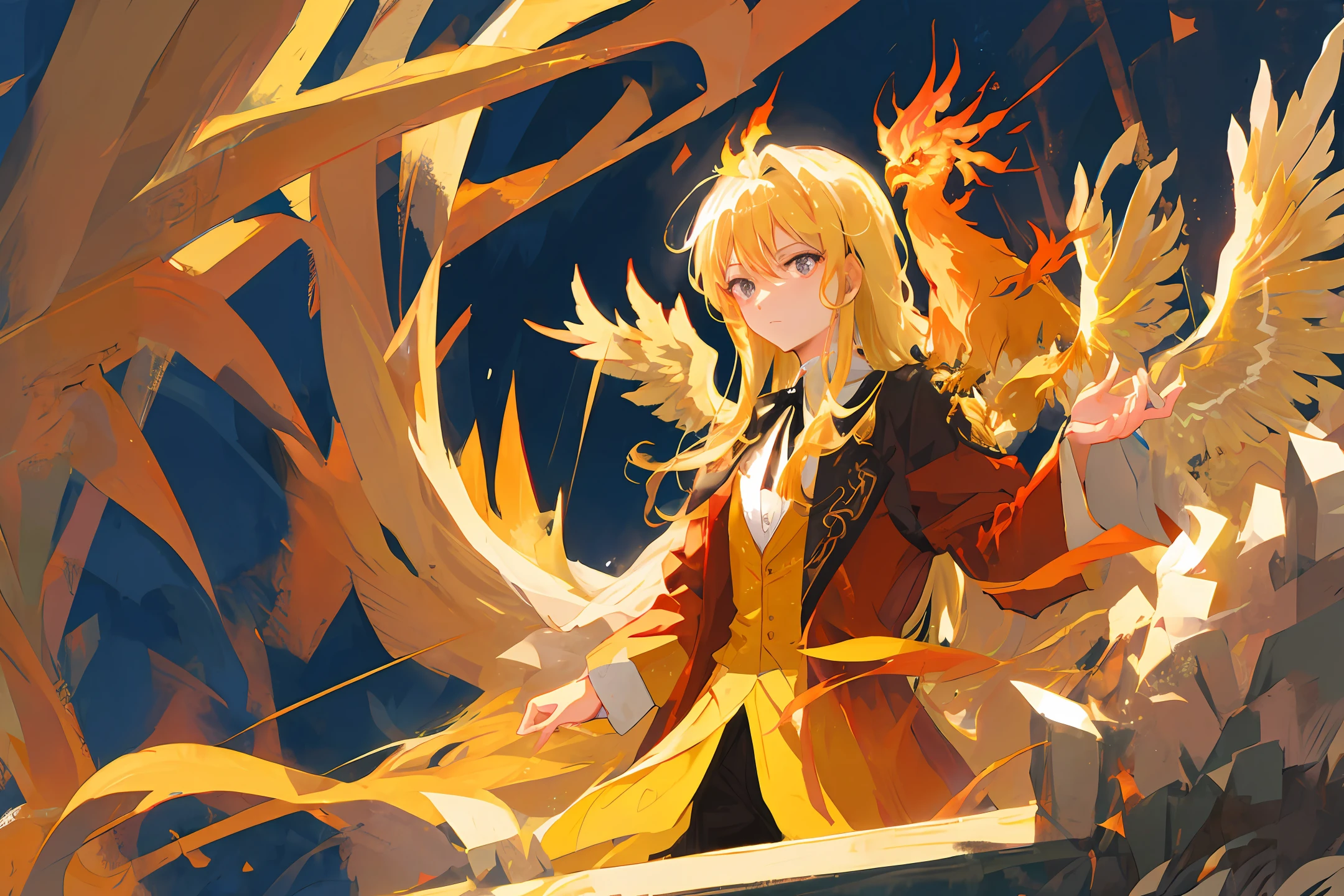 Two-dimensional handsome, blonde, phoenix, white, black eyes