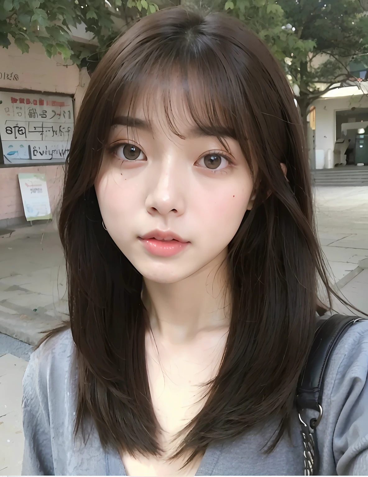 arafed asian woman with long hair and a blue shirt, ulzzangs, with short hair, white hime cut hairstyle, tidy hair，By bangs, black hime cut hair, with round face, hime-cut, girl cute-fine face, brown  hair，By bangs, young lovely Korean faces, Korean symmetrical face, short detailed hair，By bangs, With bangs，The face is natural