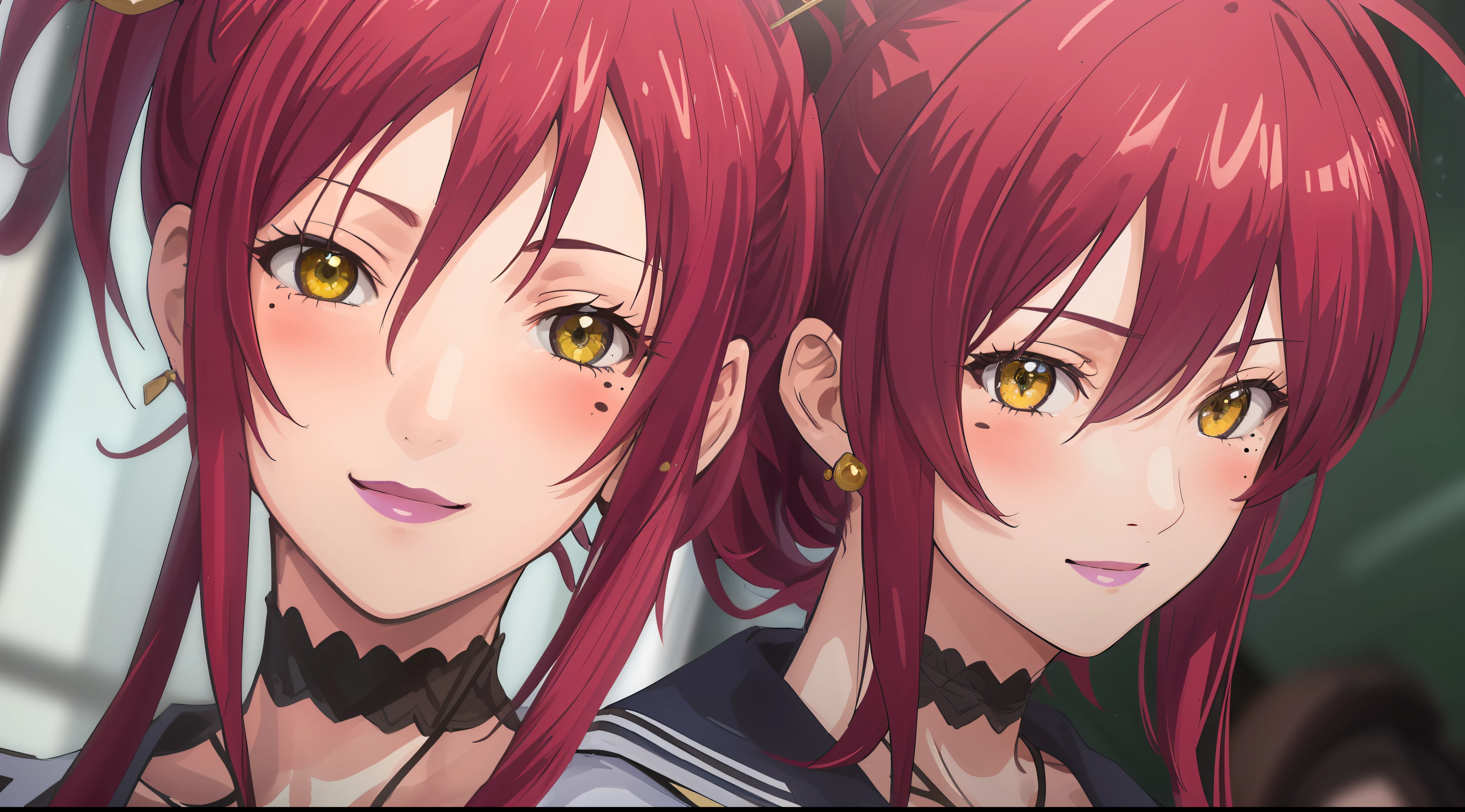 (Masterpiece, Best Quality, High Quality:1.4), professional artwork, Intricate Details, field of view, sharp focus, detailed painting, photorealistic lighting, trending on pixiv, 1girl, (vivid lighting, vibrant colors:1.05), realistic shadows, ambient occlusion,
Marie Mamiya, mature female, milf, solo, (curvy:1.1), luxury room, (half body shot:1.1), looking at viewer,
(red hair:1.05), hair ornament, lipstick, makeup, (mole under eye:0.9), choker, ultra detail hair, ultra detail face, (yellow glowing eyes:1.05), perfect eyes, perfect face, perfect retina, earrings, (seductive look, blush:1.15), happy, smile,
(school_uniform:1.4), choker, necklace, fingernails,
(Large Breasts:1.15)