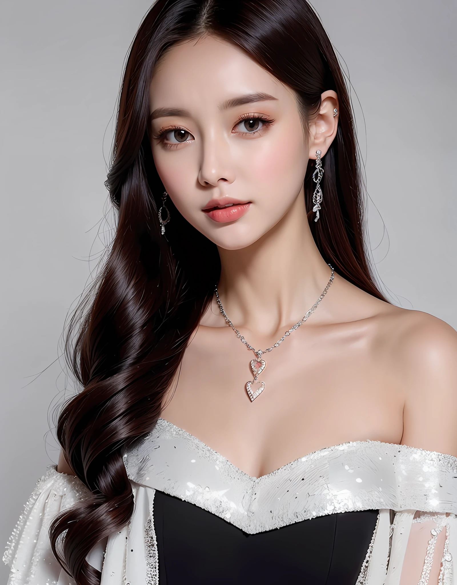 Portrait of a young woman wearing a black off-the-shoulder blouse, Display a delicate silver necklace and a heart-shaped pendant. (8K, Best quality : 1.2), (Masterpiece, Photorealistic : 1.3), Super detail