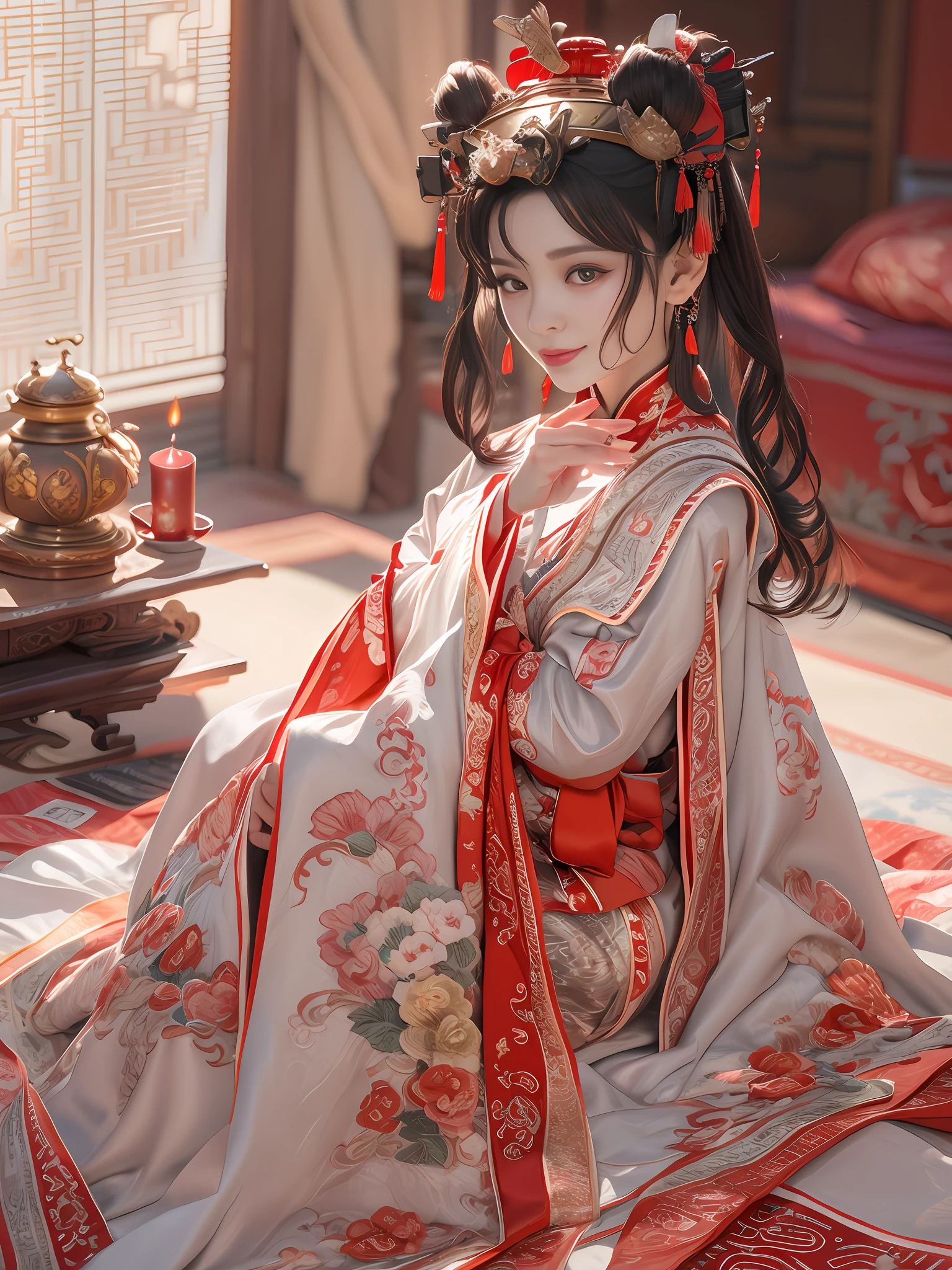 (Best quality: 1.1), (Realistic: 1.1), (Photography: 1.1), (highly details: 1.1), A woman wears a red and gold dress，Woman with a crown on her head, A hair stick, (sitting on red bed), Blushing, Shy, black_Hair, crown, Looking down, (2 red candles), Chinese_clothes, Curtains, Earrings, Hair_decorations, Hanfu, interiors, jewelry, Long_Sleeves, Red dress, Redlip, nipple tassels, (Red quilt), (red palace: 1.2), (3DMM: 1.5),mix4,