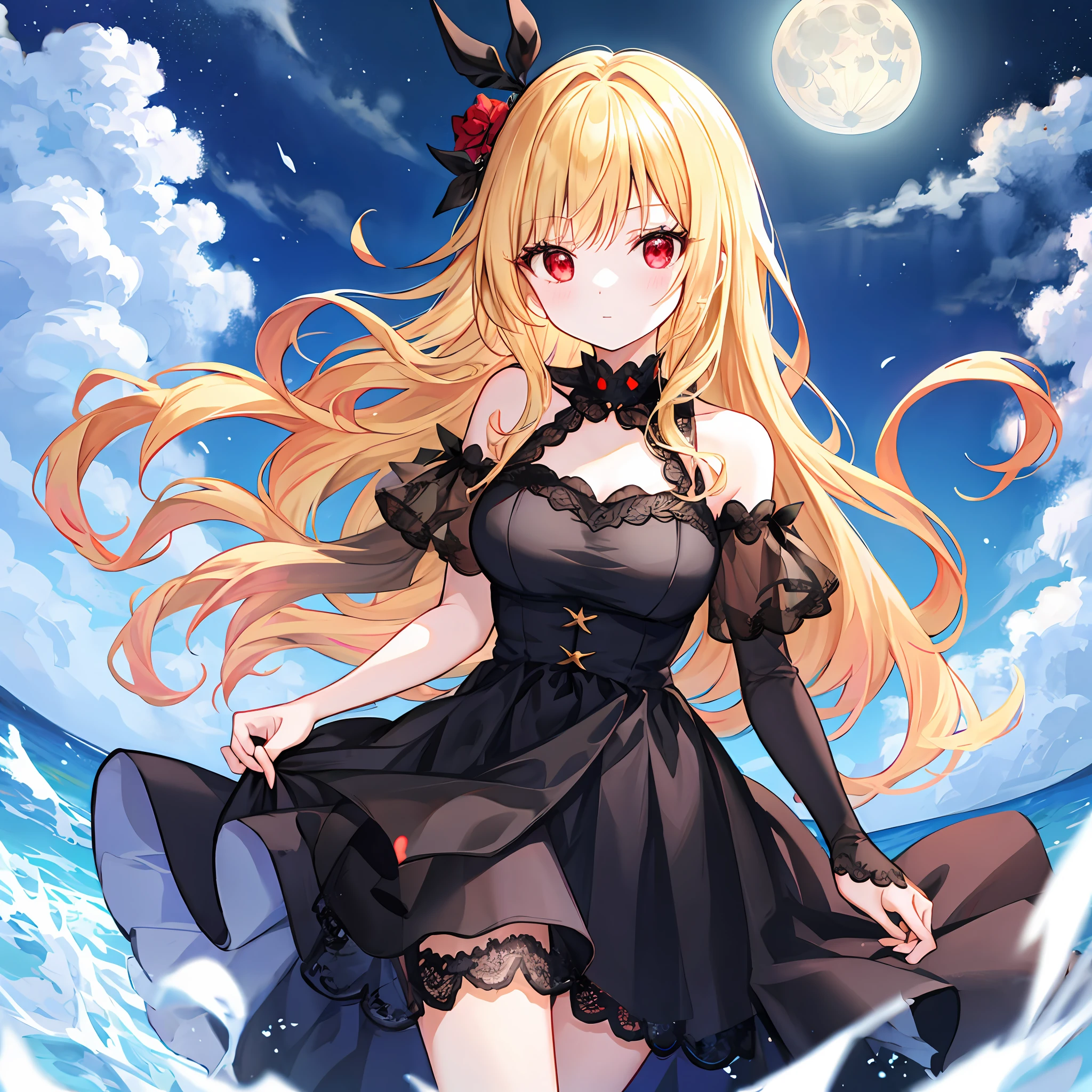 Wavy blonde girl、独奏、red eyes、Black dress、off shoulders、midnight、a moon