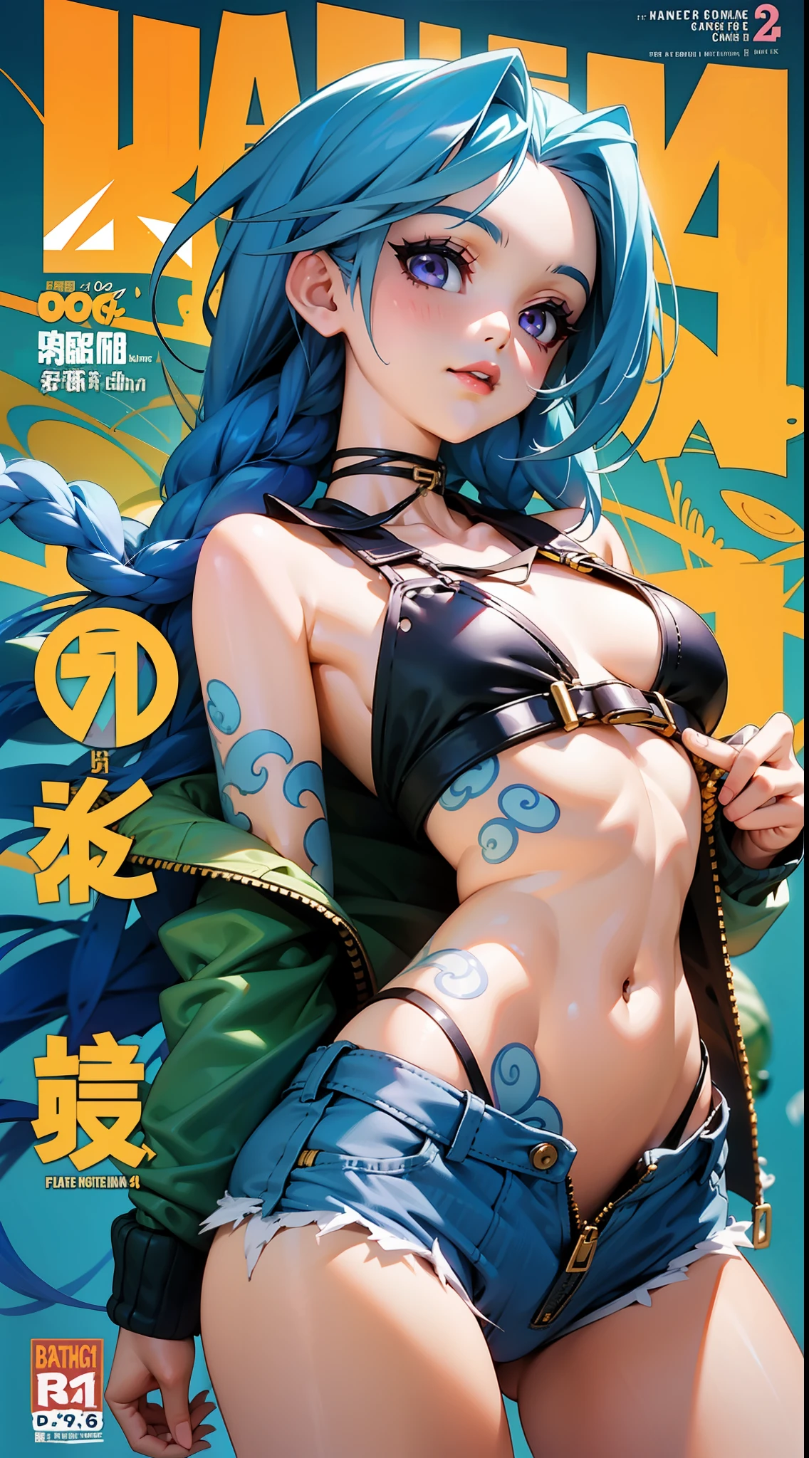 Jinx,Ocean park，Slim figure，ripped jeans，having fun，Mesh garment，Chest open，Exposing the abdomen，Cocked buttocks，Fleshy thighs，Purple shawl，Masterpiece，Brilliant sunshine，Ocean Garden，Above the sky，Comic cover style，Comic title,tmasterpiece， High- sharpness， high high quality， 详细的脸， detailed body render， 1girll， 独奏， Hinata sleeveless clothing， sleeveless shirts， Fishing net clothing， Dark lips， Unzipped jacket，