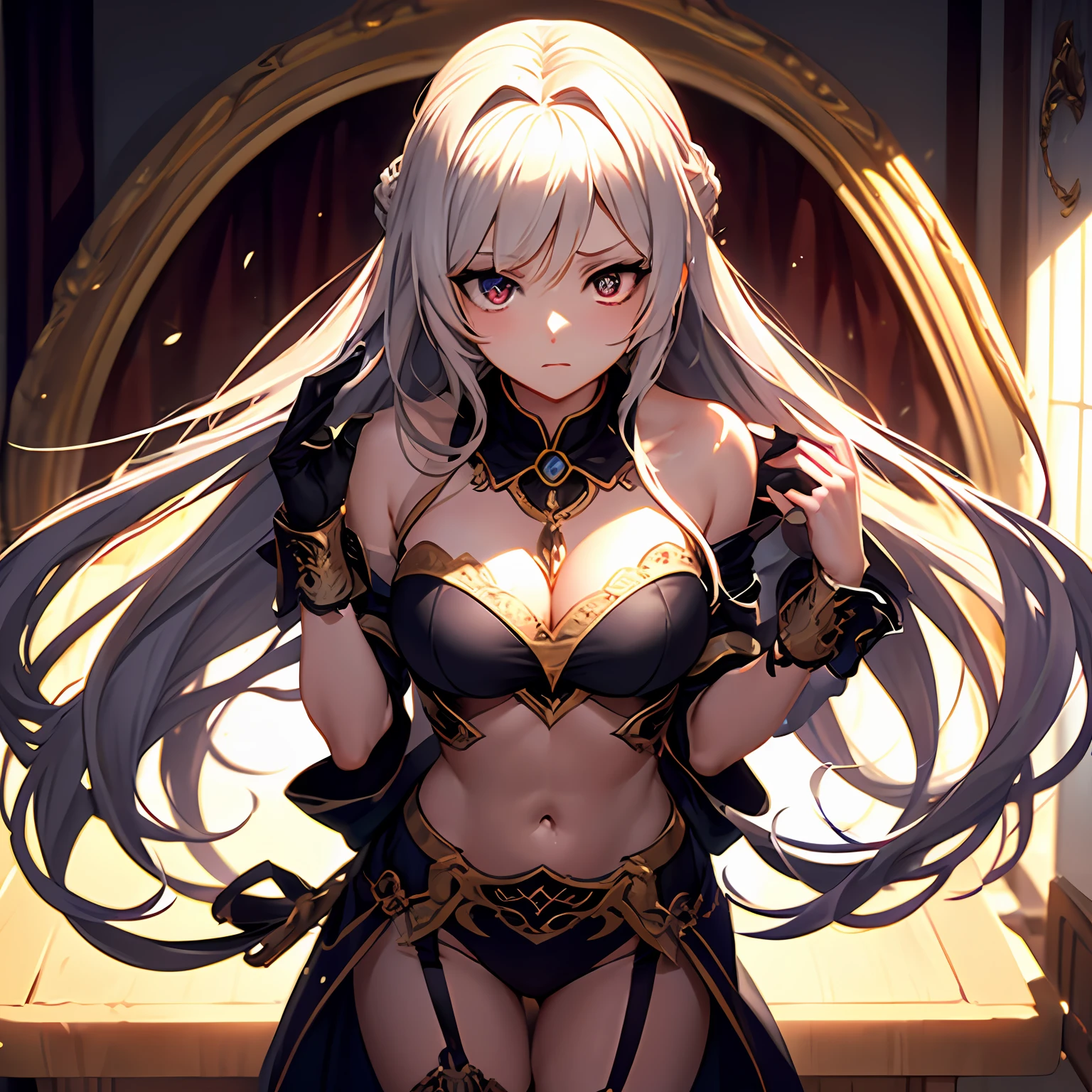 --2d anime --Anime --Primeiro trabalho --anime premiado, --Garota elfa (((--Heterocromia))) --Cabelos brancos longos --Pose sedutora deitada --Seios pequenos --Bunda pequena --Estilo "" --expression of shame and horniness, --Detailed digital art --High quality 8K --Detailed Artgerm --Aesthetic perfection --Intricate details --Cinematic lighting --Lighting highlight --SSAA --Smooth rendering --No noise --Dynamic scenery of the imperial palace of fantasyland --Rudeus Style.