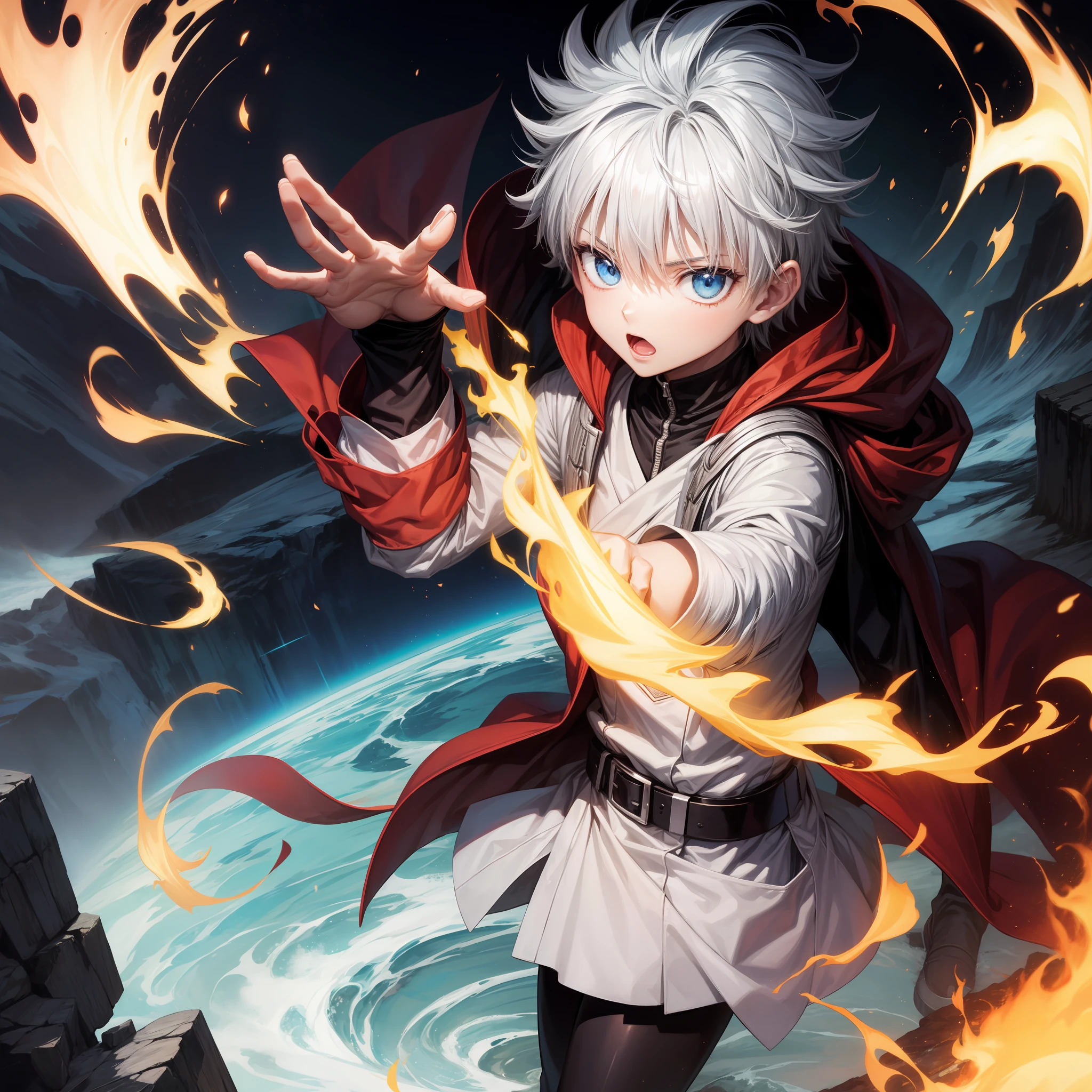 Killua zoldyck usando magias de fogo ao seu redor.