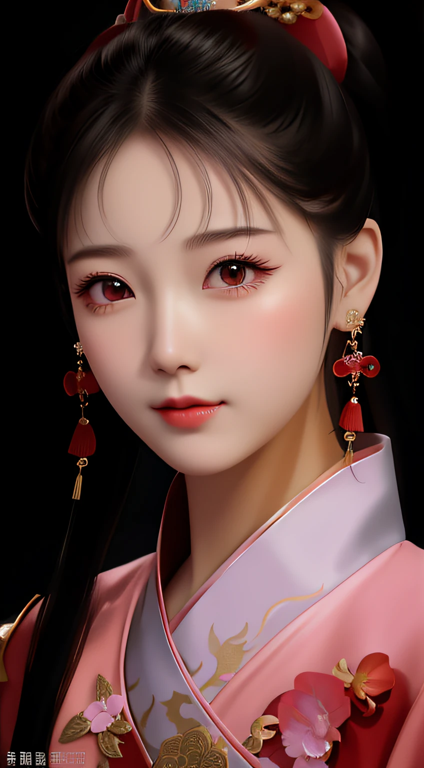 Close-up of a woman in a pink dress and red earrings, Chinese girl, Palace , A girl in Hanfu, China Princess, Realistic cute girl painting, Chinese traditional, Chinese woman, Chinese style, beautiful digital painting, Gorgeous digital painting, lovely digital painting, high quality portrait, Beautiful digital artwork, Beautiful character painting, Korean girl, Princesa chinesa antiga --auto