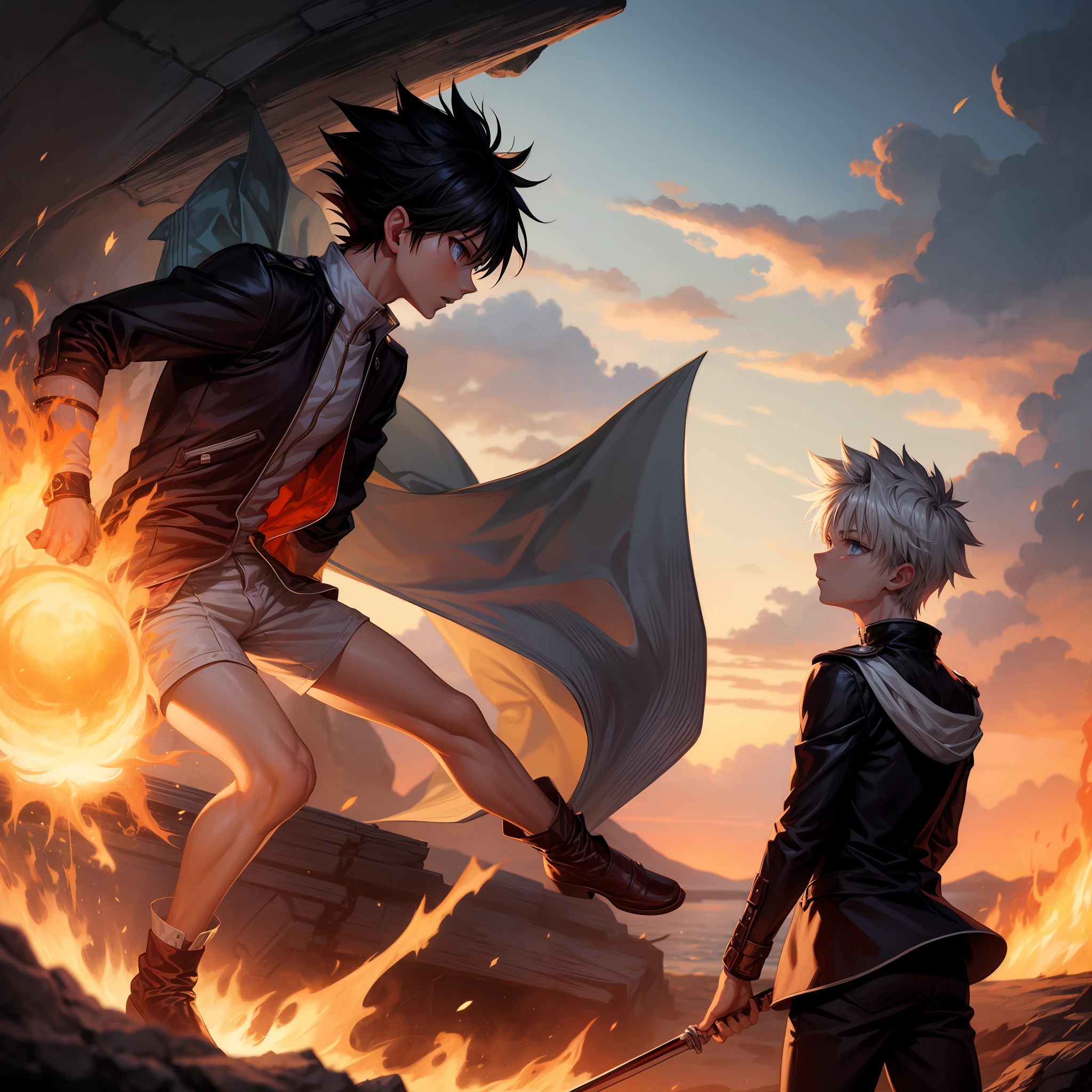 Killua zoldyck usando magias de fogo ao seu redor.