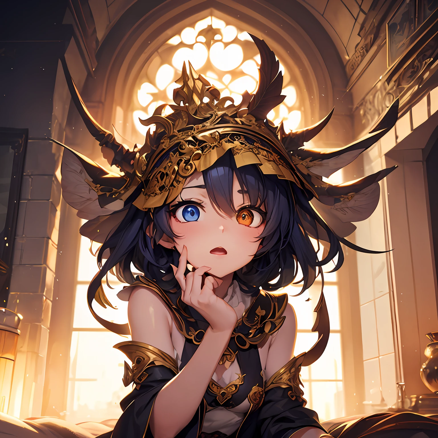 --2d anime --Anime --Primeiro trabalho --anime premiado, --Garota elfa (((--Heterocromia))) --Cabelos brancos longos --Pose sedutora deitada na cama --Seios pequenos --Bunda pequena --Estilo "Loli" --expression of shame and horniness, --Detailed digital art --High quality 8K --Detailed Artgerm --Aesthetic perfection --Intricate details --Cinematic lighting --Lighting highlight --SSAA --Smooth rendering --No noise --Dynamic scenery of the imperial palace of fantasyland --Rudeus Style.