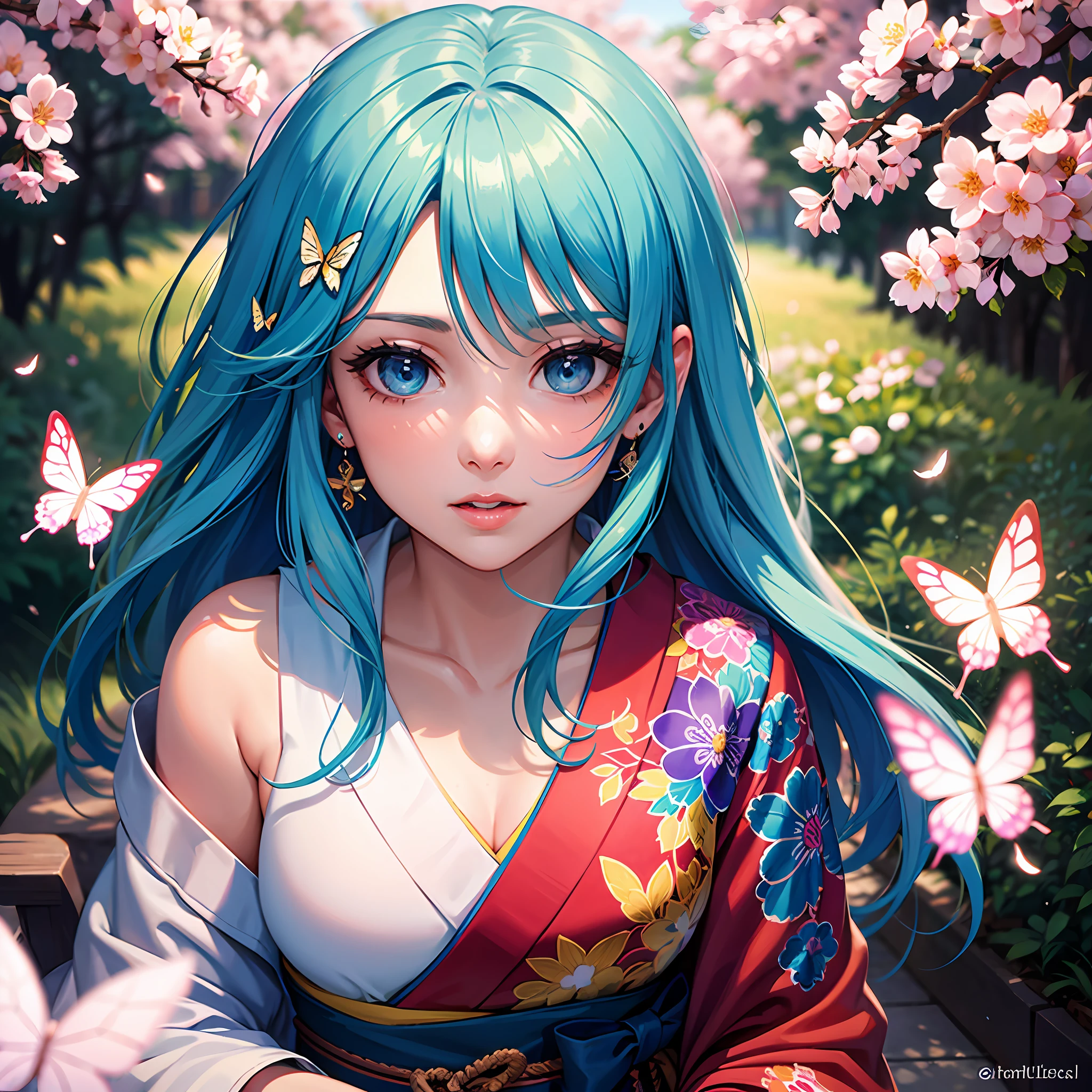 shukezouma, octane render, hdr, (hyperdetailed:1.15), (soft light, sharp:1.2), 1girl, beautiful girl, ultra detailed eyes, mature, plump, thick, rainbow painting drops, paint teardrops, woman made up from paint, entirely paint, splat, splash, long colored hair, kimono made from paint, ultra detailed texture kimono, rainbow paint kimono, paint bulb, paint drops, (hair ornaments, earrings, flowers hair ornaments, butterflies hair ornaments), outdoors, sakura trees