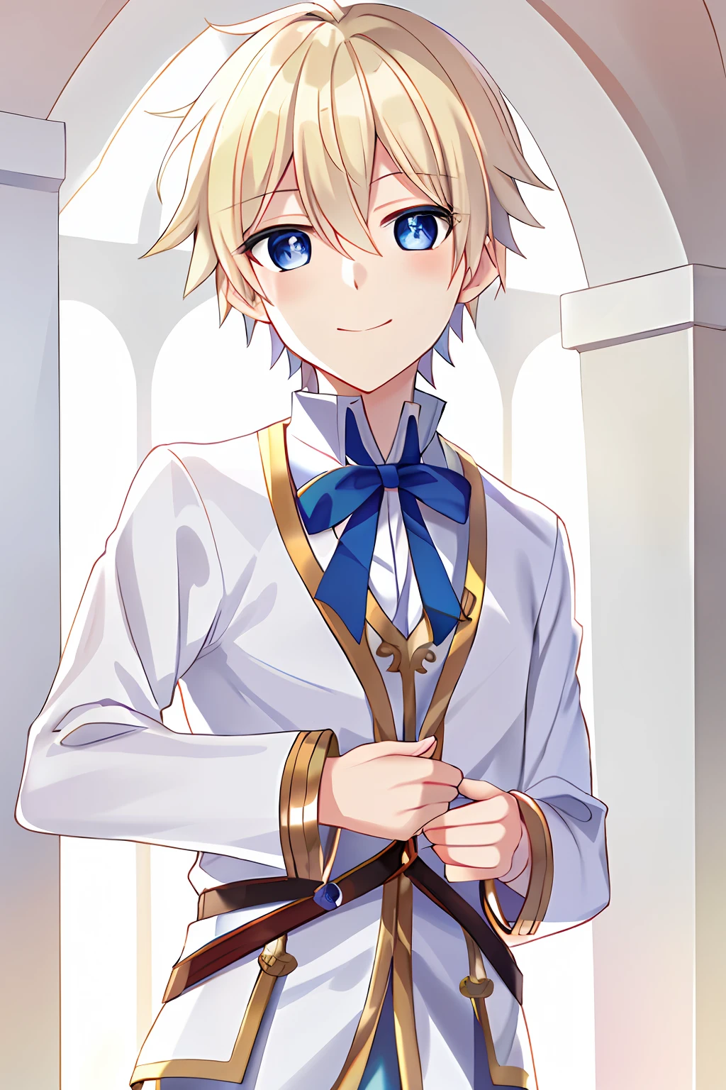 (high-quality, breathtaking),(expressive eyes, perfect face), 1boy, male, solo, short, young boy, short blonde hair, blue eyes, white shirt, pants, smile