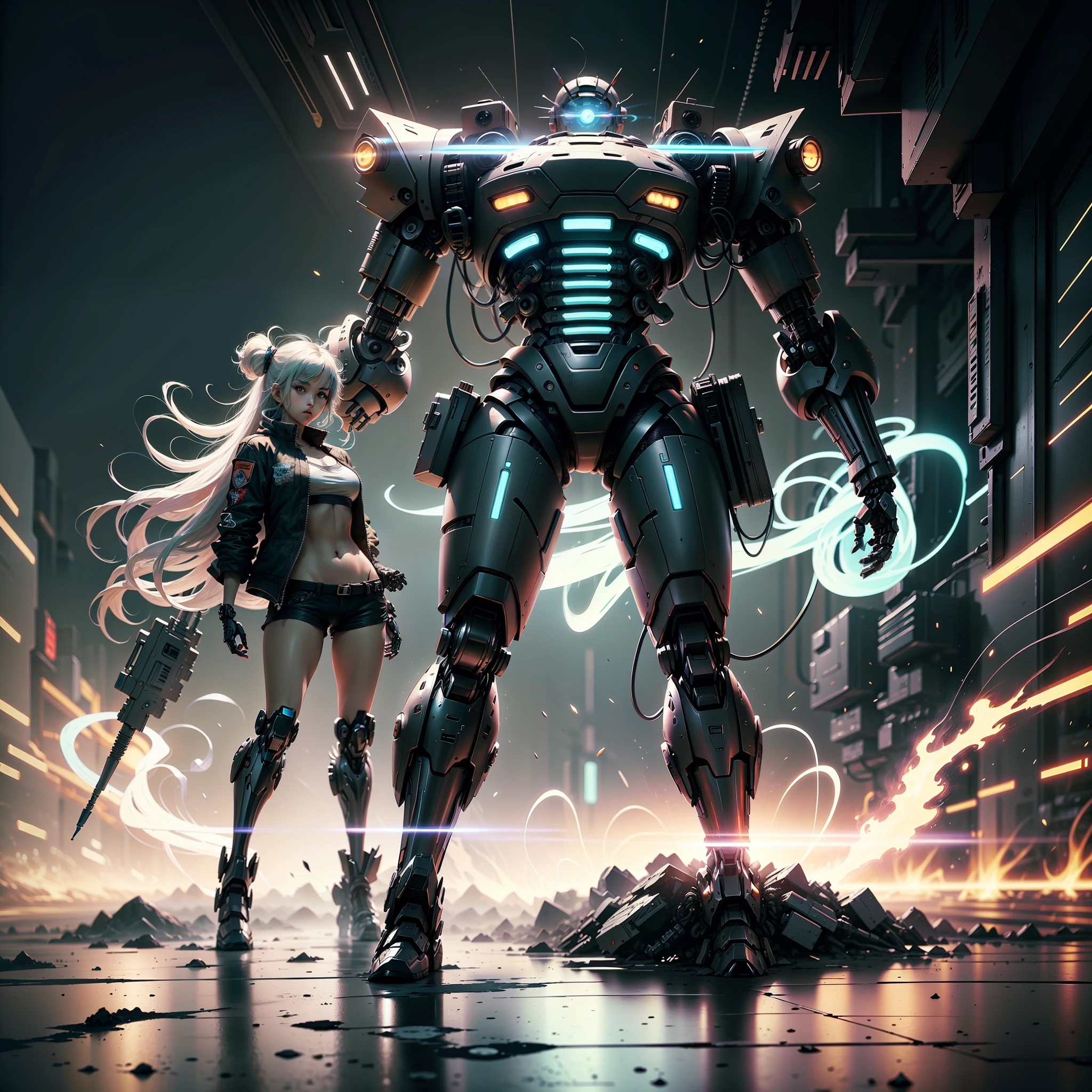 anime girl in short shorts and jacket standing next to giant robot, artwork in the style of guweiz, cyberpunk anime girl mech, trending on cgstation, guweiz, by Russell Dongjun Lu, digital cyberpunk anime art, ross tran 8 k, guweiz on artstation pixiv, girl in mecha cyber armor --auto
