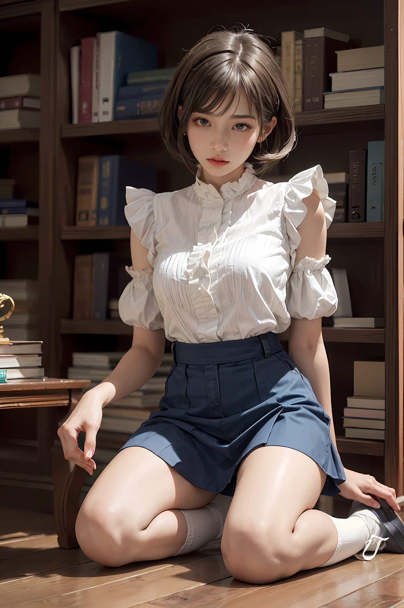 (hi-top fade:1.3)、Subdued Color、(natural skin textures、Hyper-Realism、Soft light、Soft Diffuse Lighting)、1人の女性、(White blouse with ruffles、Blue skirt with ruffles)、(Silk white ankle-length socks and black pumps), wavy gray-brown hair adorned with ribbons、((Getting down on one knee to pick up a book that fell on the floor in front of the bookshelf))、Peaceful atmosphere in the library、Library shelves full of books