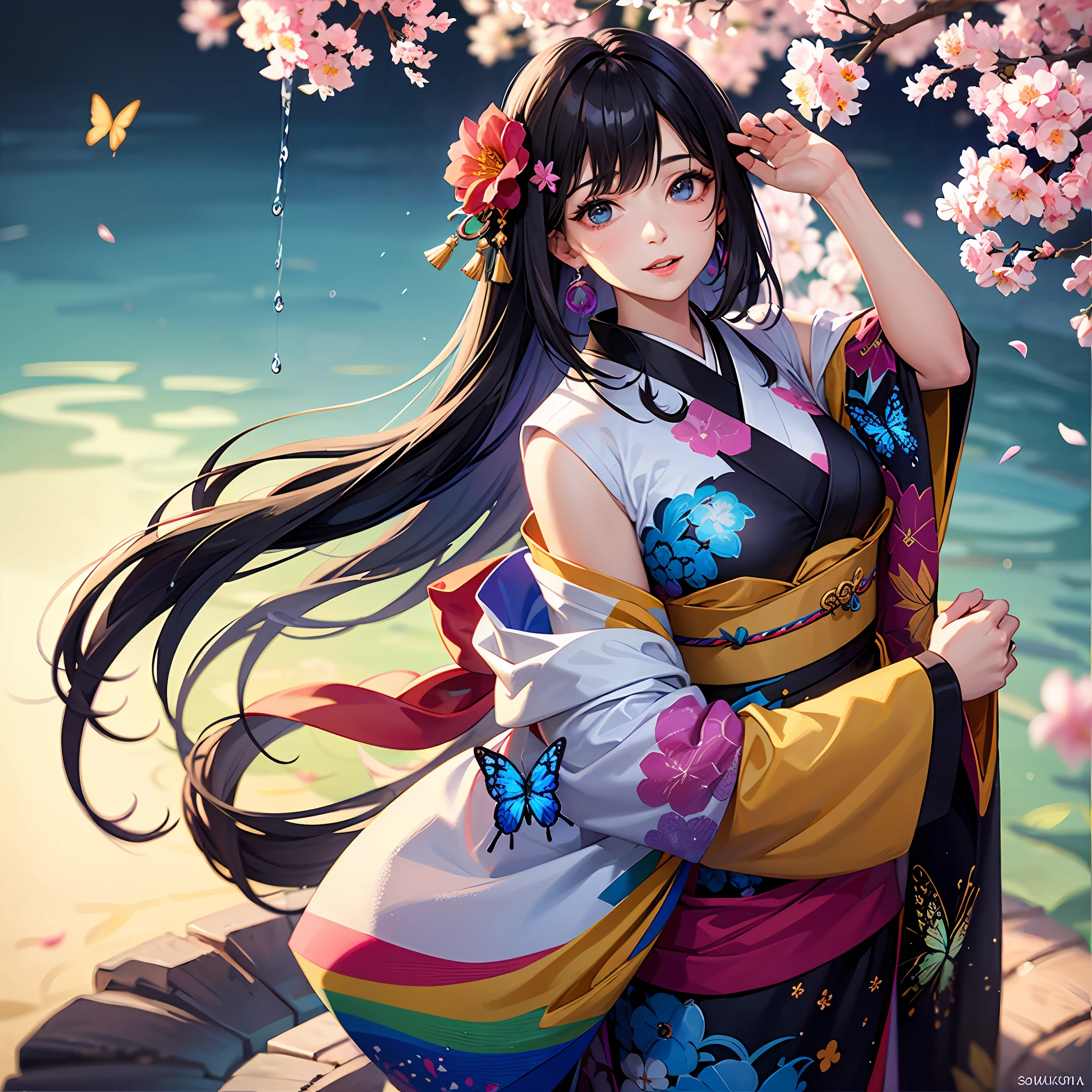 shukezouma, octane render, hdr, (hyperdetailed:1.15), (soft light, sharp:1.2), 1girl, beautiful girl, ultra detailed eyes, mature, plump, thick, rainbow painting drops, paint teardrops, woman made up from paint, entirely paint, splat, splash, long colored hair, kimono made from paint, ultra detailed texture kimono, rainbow paint kimono, paint bulb, paint drops, (hair ornaments, earrings, flowers hair ornaments, butterflies hair ornaments), outdoors, sakura trees