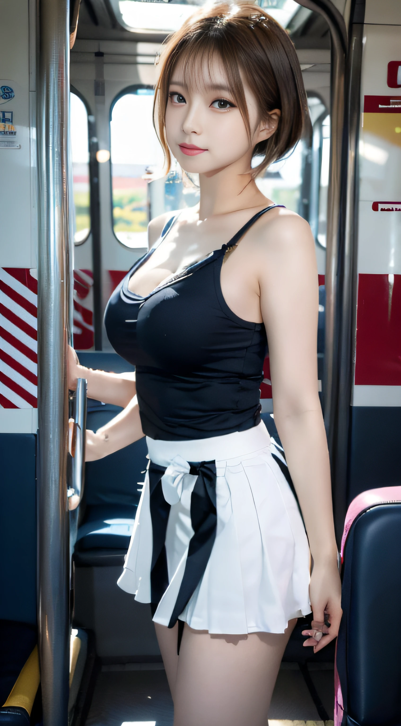 masutepiece, Best Quality, japanaese girl, 8K, Raw photo, top-notch quality, masutepiece, nffsw:1.2, exceptionally detailed RAW color photo, professional-grade photograph, (Realistic, Photorealistic:1.37), (highly detailedskin:1.2), Ultra-high resolution, (lenz 50mm),japanaese girl、a 18 year old girl、Pull Shorthair、blondehair、bangss、Brown-eyed、Perfect figure、Transparency、The sheen、Gloss、discreet breasts、校服、Navy blue ribbon、Light blue shirt、Navy blue skirt、Hikaru、Burning Body、hposing Gravure Idol、on train、Beautiful feet、Strong sunshine、Odious、Rain-drenched body、女優、Gravure idol posing、乃木坂アイドル、韓国アイドル