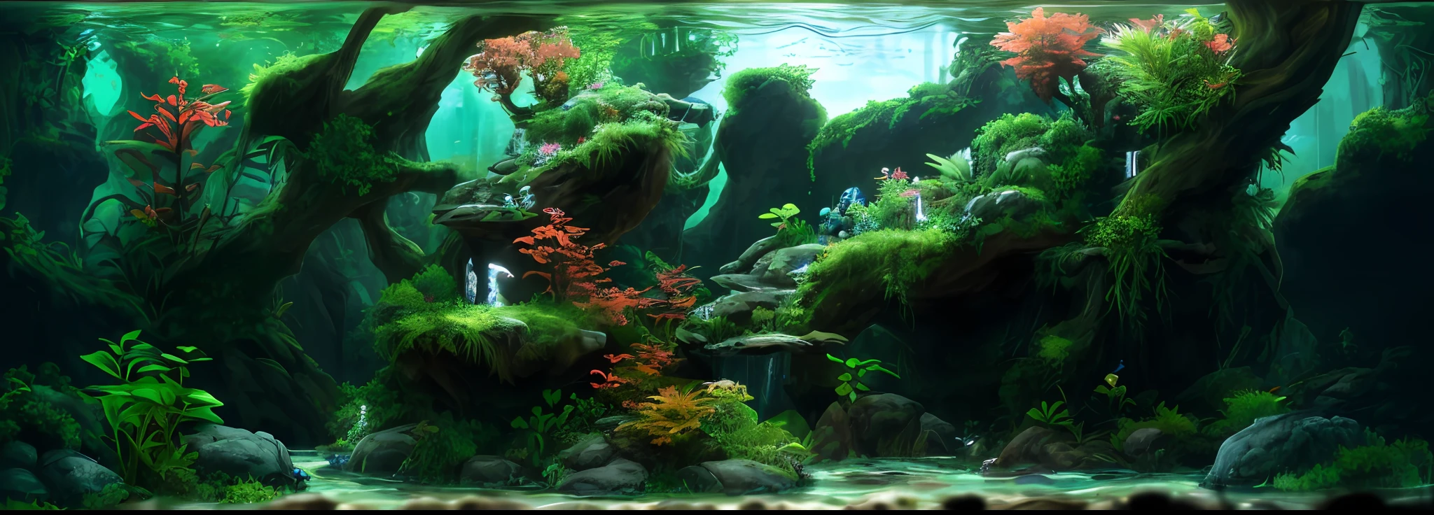 Hyper-detailing,hyper HD,Hyper-detailing,best qualtiy,astounding,top Quority,the Extremely Detailed CG Unity 8K Wallpapers,cinmatic lighting,There is a fish tank,Inside there are plants and rocks, View of Iwaguchi Aquarium, fish tank, Beautiful environment, Aquarium life, Aquarium, big aquarium, river with low hanging plants, overgrown with aquatic plants, Lush surroundings, Water flows inside the terrarium, overwhelming depth and detail, Peaceful environment, high light on the left, big breasts beautiful!the wallpaper, Lake, zori, ln the forest, Detailed forest,the rainforest, Clouds, tmasterpiece, cinematic ligh, softlighting, depth of fields, Ray traching, reflection in water, hentail realism, Ulla detailed,hdr,Realistic lighting,Photoreality